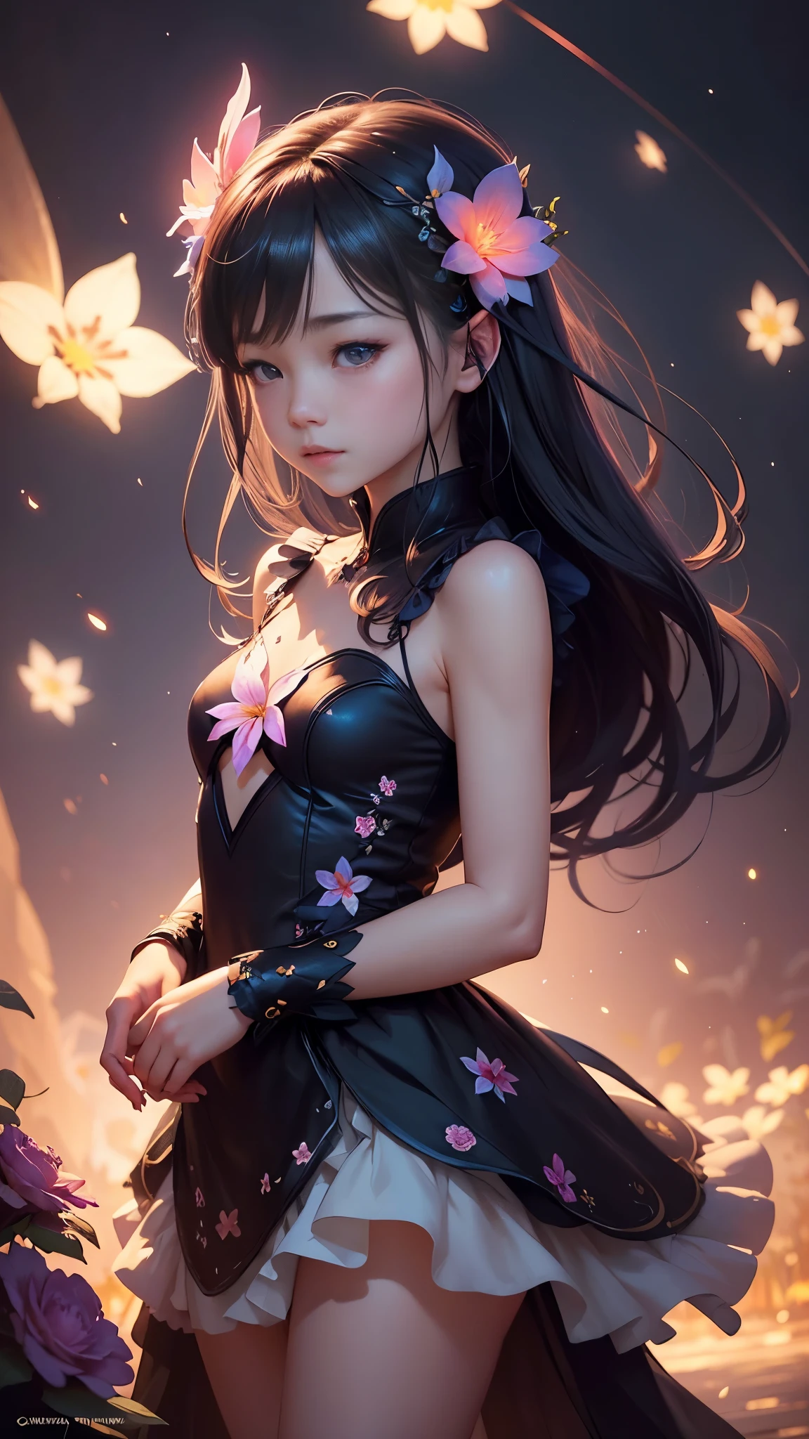 flowers in the night with a crescent and stars above them, glowing flowers, 🌺 cgsociety, luminous flowers, soft flowers, glowing delicate flower, magical flowers, glowing, by Yang J, loish and wlop, by Ni Tian, glowing lights! digital painting, ross tran. scenic background, pretty flowers, glowing neon flowers, by Ross Tran, soft digital painting