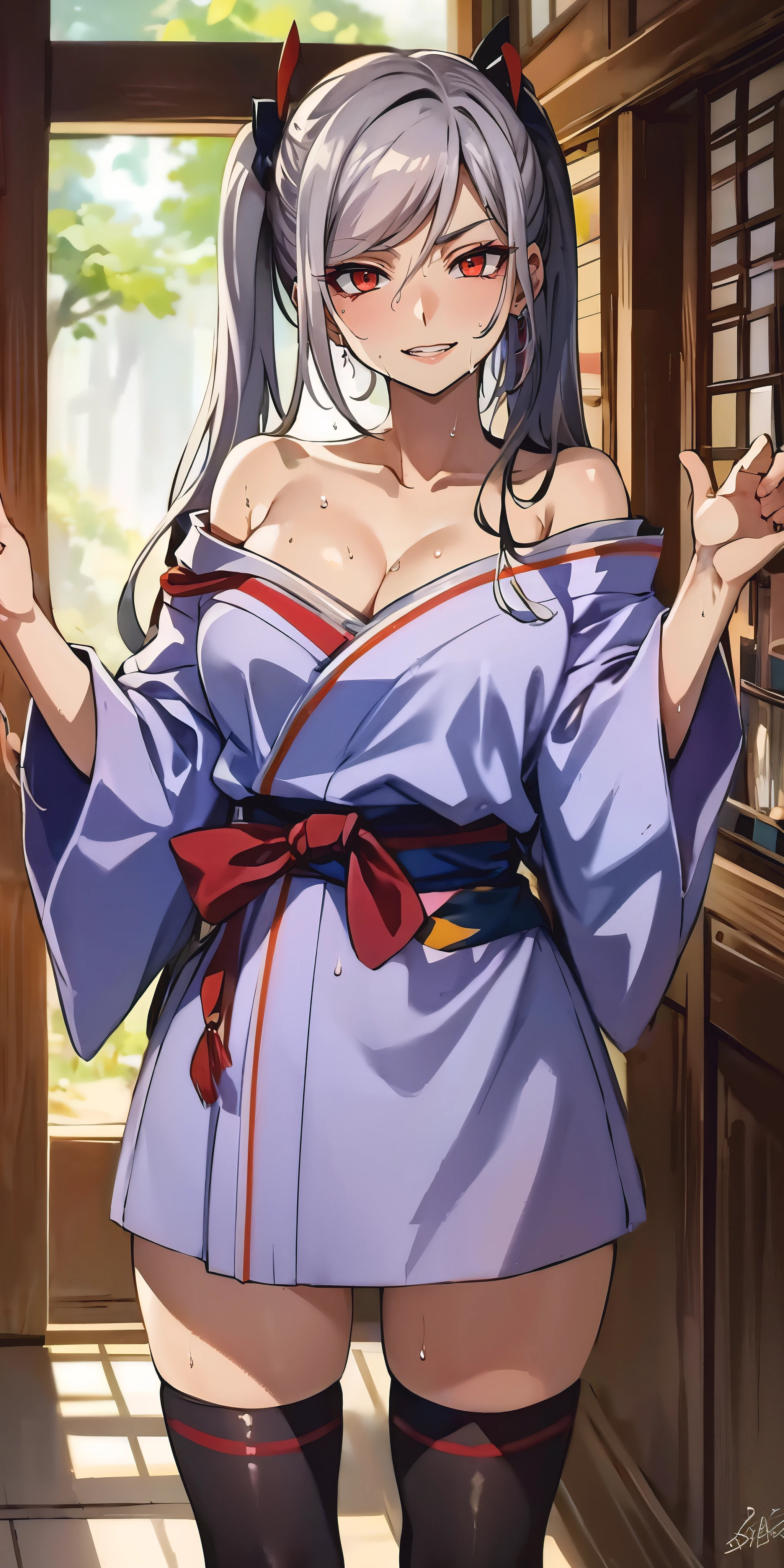 silver hair, twintail, bow, red eyes, anatomically correct, epic art, fantasy, 1girl, japanese_clothes, sarashi, thighhighs, kimono, long_hair, collarbone, looking_at_viewer, breasts, cleavage, short_kimono, off_shoulder, hollow eyes, facing viewer, smirk, upper teeth, lips, red eyes, sweating, wet, looking at viewer,