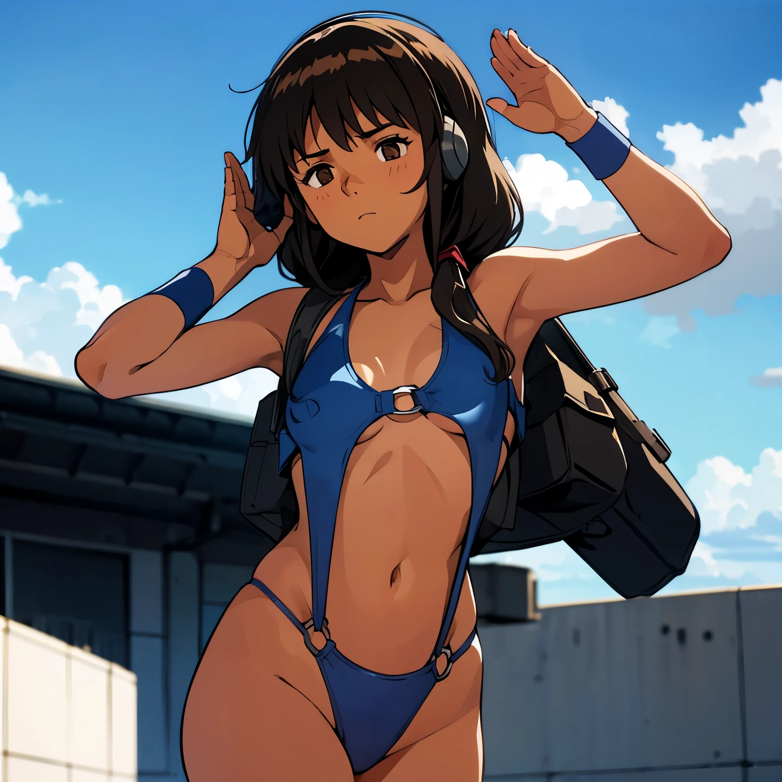 Shakti Kareen, brown_hair, brown_eyes, long_hair, dark skin, Imperial Guard Combat Uniform Swimsuit, o-ring bikini, v gundam, swimsuit, absurdres, highres, solo, cowboy shot, 1girl, neneka nibrou \(cosplay\), wristband, headphone, holster, backpack, holding gun, aiming, perfect hands, wind, small breast, mind control, empty eyes, blank eyes, corruption, obey, blank eyes, empty eyes, mind control, expressionless, emotionless, saluting, salute, military saluting