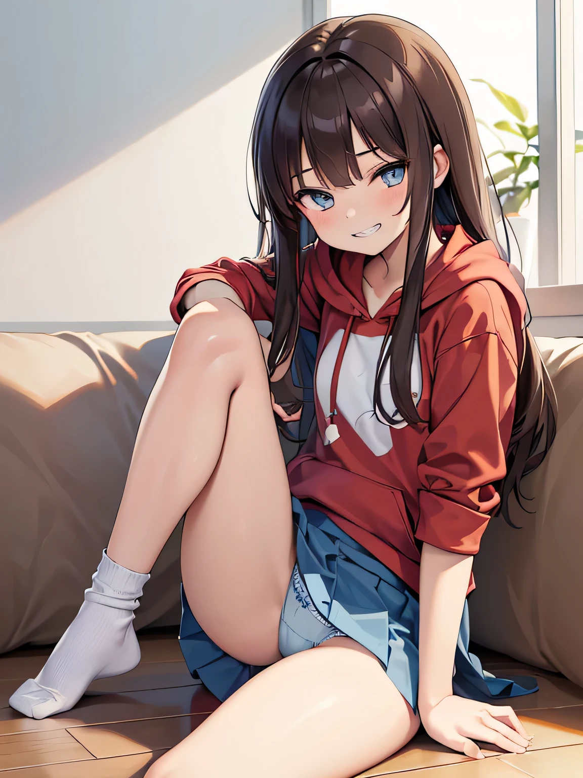 (masterpiece, highest quality, High resolution, realistic pictures, realistic skin:1.1),.
(wearing a red hoodie, denim mini skirt, loose socks:1.1),.
one girl, beautiful eyes, shining eyes, brown hair, medium long hair, university student, Location: Living room in the apartment, (sit flat on one floor), (sit flat on one floor), (sit flat on one floor), (sit flat on one floor)
(Sit flat on the floor with your legs bent back:1.5),.
(Panties are slightly exposed between the skirt and thighs: 1.5),
(simple light blue cotton panties: 1.5),
(A provocative grin: 1.5),
NSFW