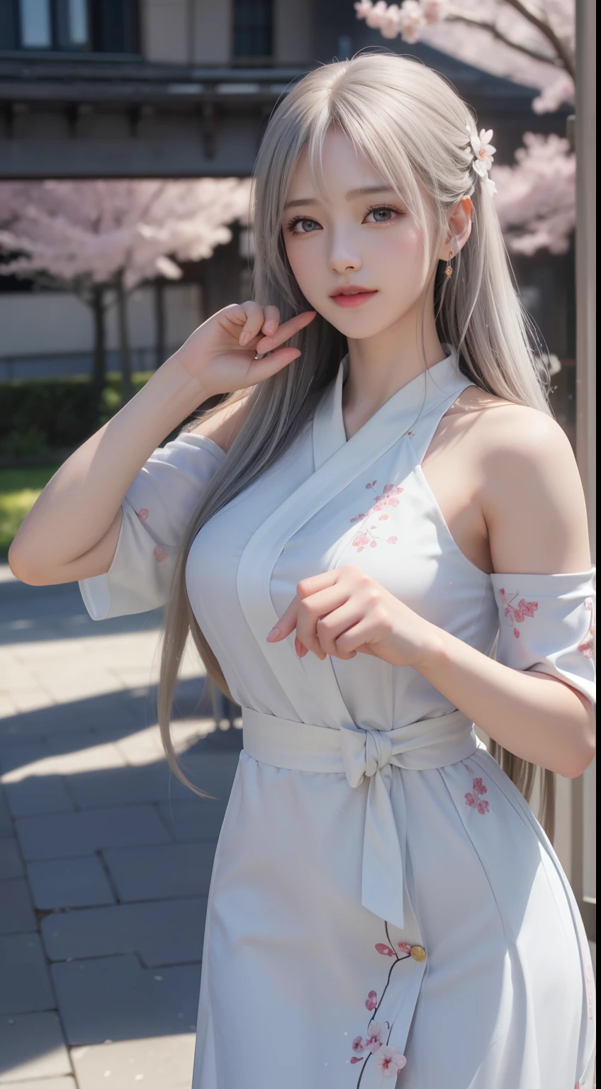 ((best qualtiy)), ((tmasterpiece)), (detail:1.4), Beautiful cyberpunk Japan woman image,sixteen years old,(Photograph the whole body),(High Dynamic Range),Ray traching,NVIDIA RTX,Hyper-Resolution,illusory 5,PBR Textures,post processed,Anisotropy Filtering,depth of fieldaximum definition and sharpnesulti-layer texture,Albedo e mapas Speculares,Surface Coloring,Mitsu-Accurate simulation of material interactions,Perfectly proportioned,rendering by octane,Two-colored light,Large aperture,Low ISO,White Balance,Rule three points、8K raw data、Beautiful bright red pupils,Off-the-shoulder clothing, Priestess Uniform,Crimson Hakama,Pink gradient on pure white hair,Delicate face and eyes,with round face, drooing eyes, long eyelasher,Blushlush,Delicate and fluffy hair,lip,pure,Cute face,huge breasts,Artistic sense,Advanced Sense,Snowflake,flower petals,Snowflake, Japanese shrine torii background, Beautiful Hair Accessories,long hair and waist,Hair fluttering in the wind,Seductive pose,The chest is slightly visible,Large breasts sagging due to gravity,