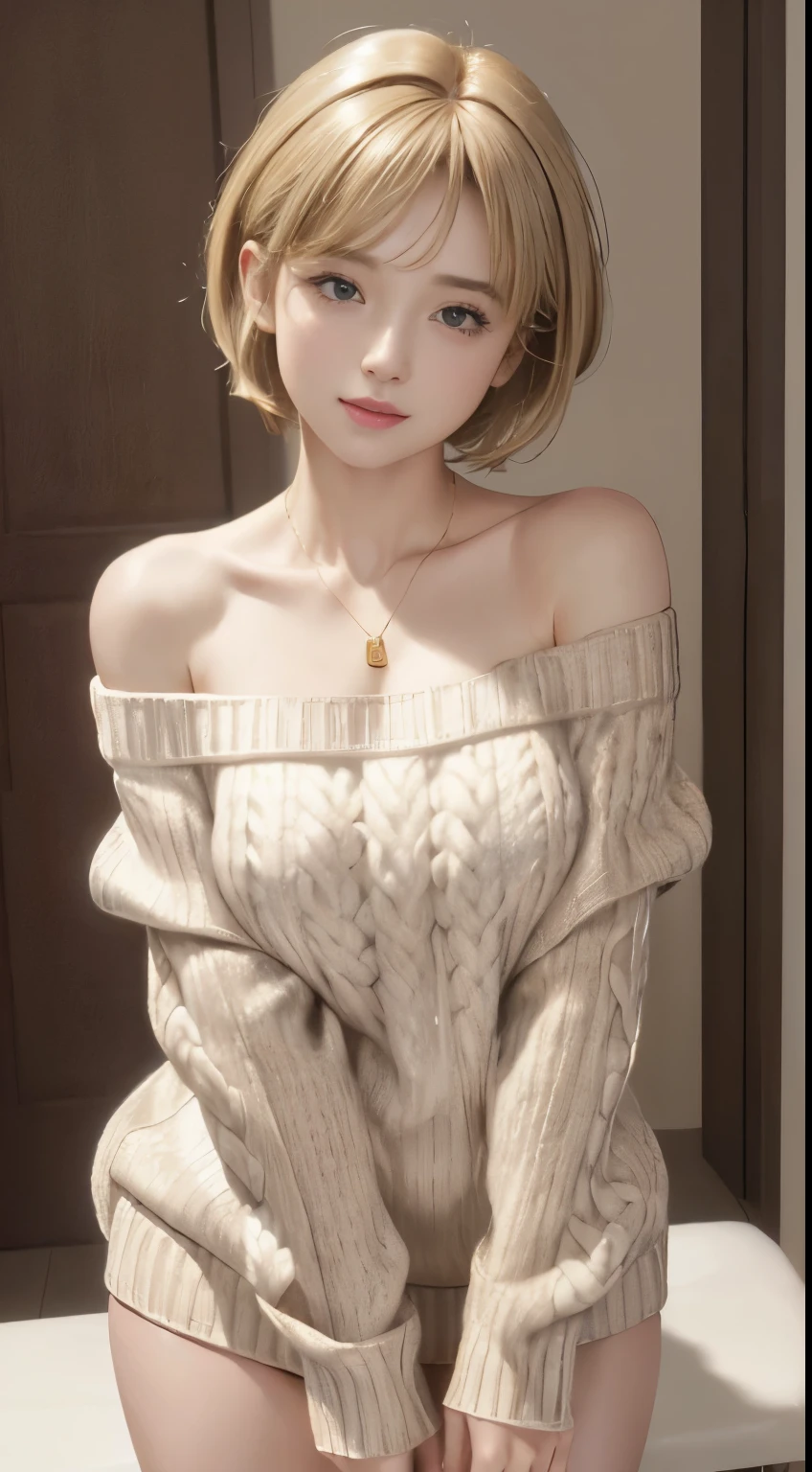 (Masseter muscle part:1.3)、(8K、Photoreal、Raw photo、highest quality: 1.4)、(1 girl)、beautiful face、(lifelike face)、(Light Beige Mixed Hair、short hair:1.3)、(big breasts)、off shoulder sweater、It&#39;s sticking out 、appear、((Sexy))、beanie、Wearing a knitted cute pom-pom hat、necklace、(Display hats on the screen)、realistic eyes、beautiful details、（本物にappear肌）、beautiful skin、absurd、attractive、Super high resolution、surreal、high detail、golden ratio、genital、Pussy(Full view)、sexual、Foreplay、vagina、masturbation