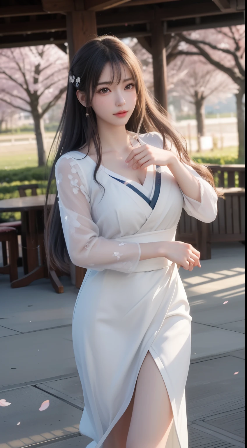 ((logo, masterpiece, 8k, table top, RAW photo, wonderful, 最high quality, Photorealistic and hvery detailed CG integrated 8k wallpaper, high quality, very detailed, Narrative poem, particle effects, dynamic effects, Depth of written boundary, cinematic light, Lens flare, ray tracing, anatomically accurate)), fantasy, 1 beautiful woman, ((white hair)), clear eyes, long hair, beautiful face, real face, 緻密でbeautiful eyes, beautiful skin, ((dancing woman, 優雅にdancing woman, 雪景色の中でdancing woman, 激しくdancing woman)), ((long hairがWindでなびく, long hairが跳ねる, long hairがWindで踊る)), hair jump, jewelry, beautiful eyes, white kimono, white obi, 白いcherry blossomsの刺繍模様, silver earrings, Light is shining, ((cherry blossoms, cherry blossomsの木, cherry blossomsの花びらが舞う, cherry blossoms吹雪, falling petals)), blue sky and white clouds background, 広大なWind景, Wind, grassland, Vast land in mythology, Spectacular view, 美しい自然のWindのWind景, hair color is white, cherry blossomsの花びらが舞う, cherry blossomsの木