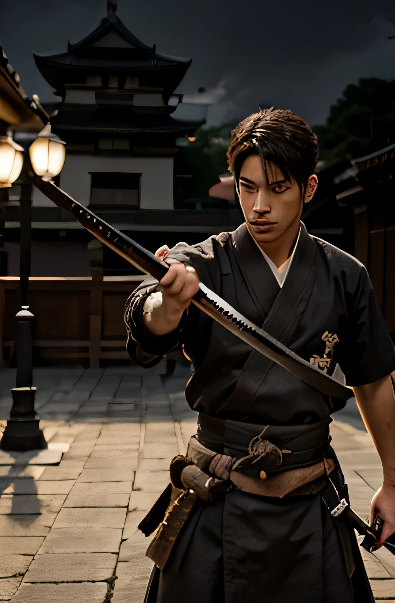 Kai Havertz in samurai clothing from the Sengoku period., P.Prof. 1568-1600., The background is Osaka Castle., Sepia tone, His right hand holds a katana., Japanese sword, Too realistic, สมจริงเป็นPิเProfษ, Masterpiece, คุณภาPดีที่สุด, smoke