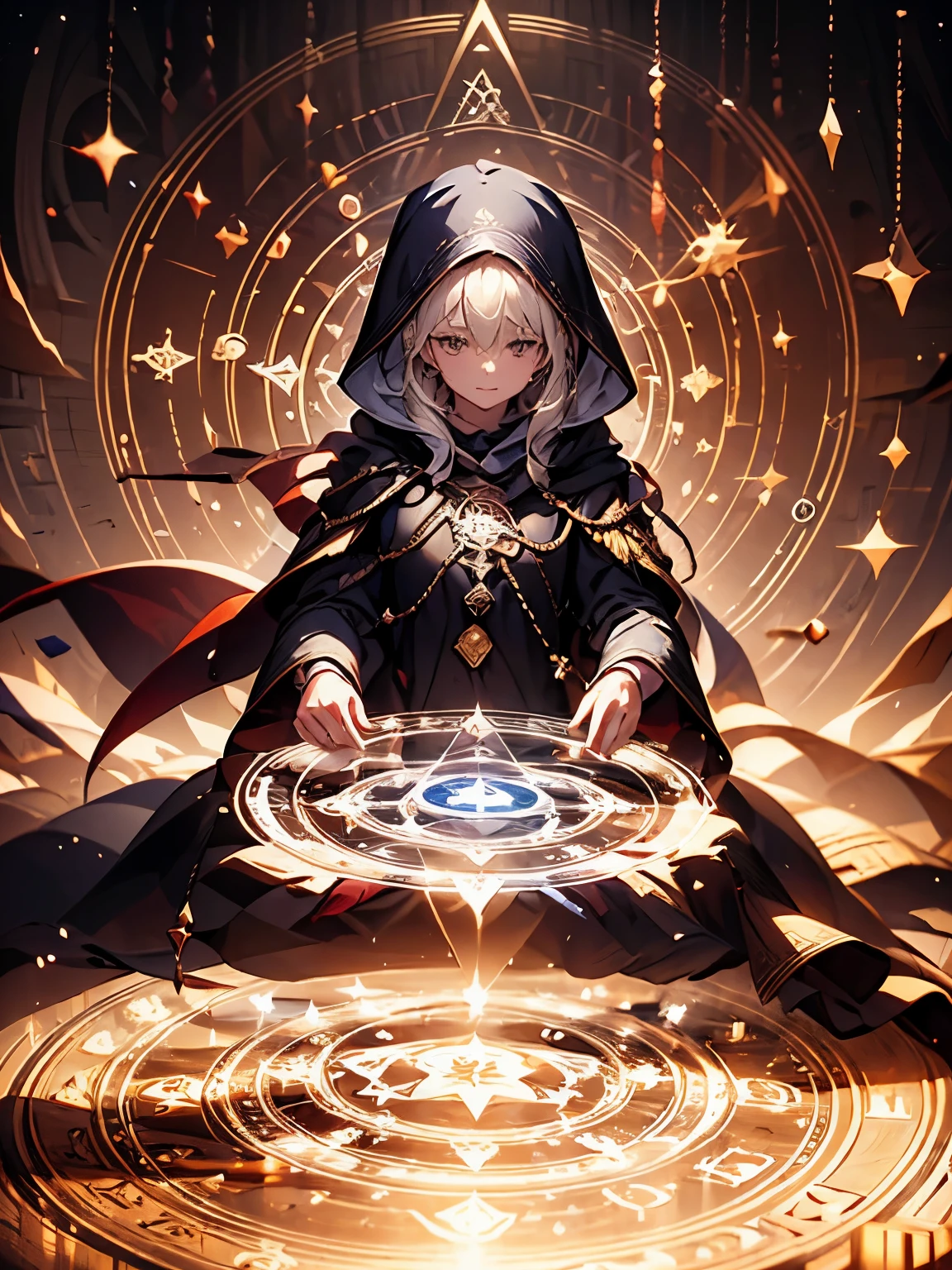 A girl, alone, wearing a wizard hat and a cloak, Magic Circle, spell, magic circle, soft particles, dimly lit chamber, fantasy, bokeh, depth of field, soft lighting, masterpiece, best quality.