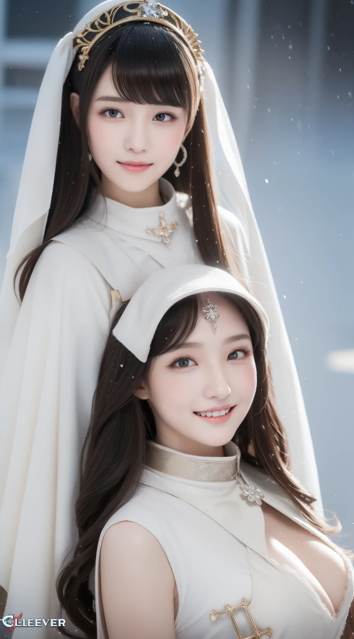 perfect figure beautiful girl:1.4, ars old, smile, cleavage, huge breast Layered Hair Style, (Cleric:1.5), Jewelry Decoration, veil, Highly Detailed Face and Skin Textur, double-edged eyelid, Whiten the skin, long hair, (background snow plains), diamond dust,