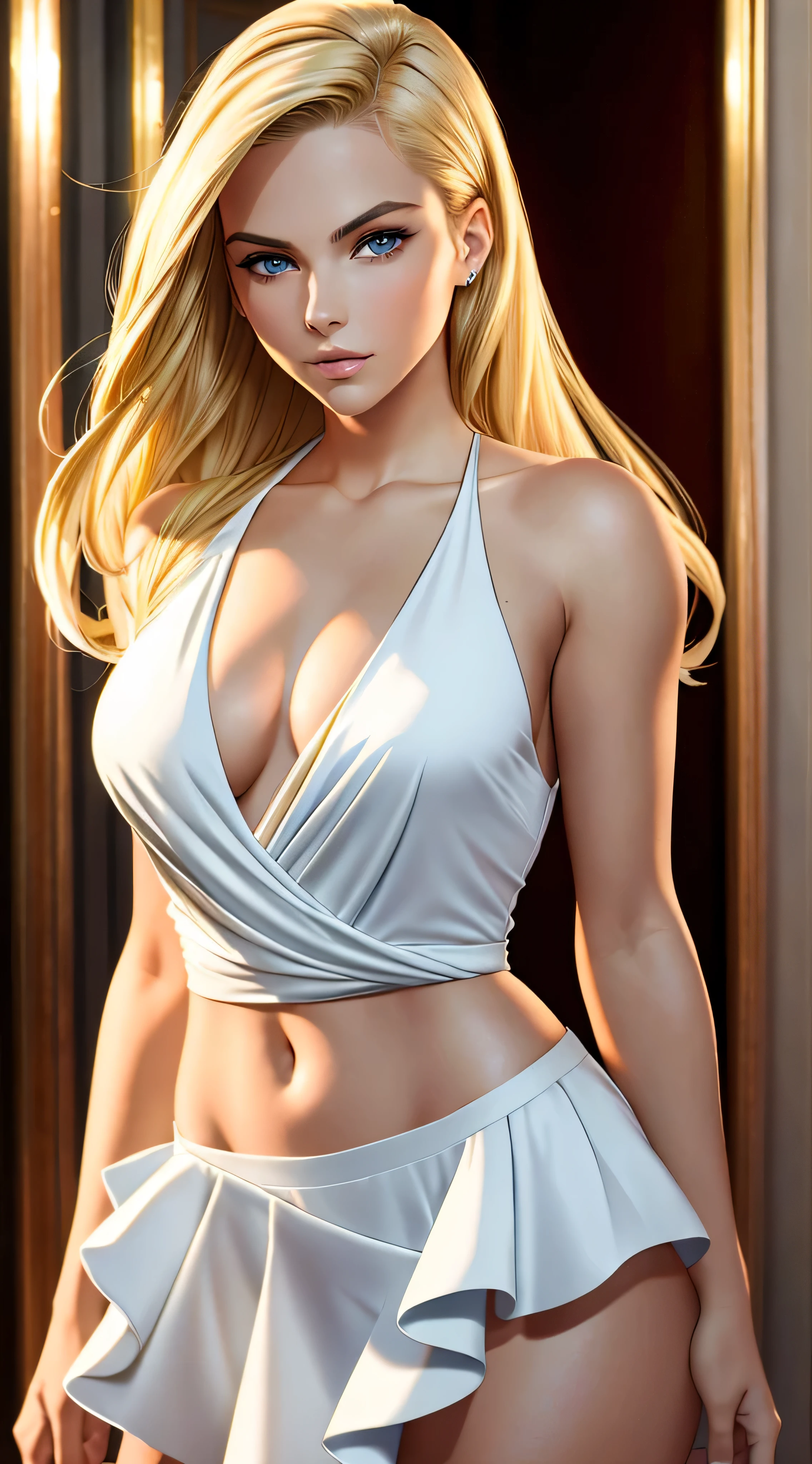 European and American, A fashion model, Wears a V-neck suit,Wear a hip-wrapped skirt on the bottom, Glamour, paparazzi taking pictures of her, Blonde hair, Brown eyes, 8K, High quality, Masterpiece, Best quality, HD, Extremely detailed, voluminetric lighting, Photorealistic