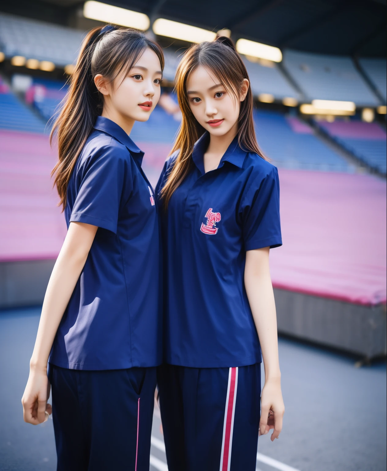 (best quality,10,10,height,Masterpiece:1.2),Special details,(realistic,ภาพrealistic,Realistic photos:1.37),1 cute girl on the football field,shiny, ผิวshiny,only,smile softly,BDclothelue shirt:1.3)),short sleeve,shirt, กางเกงขาlong.,(navy_long_track pants:1.1), ((stadium background:1.3)),Dynamic angle,excited,Face focus,dynamic poses,from behind,focus on ass,Masterpiece, best quality, ultra realistic, hyper-detail, 8K resolution, raw photos, Sharp focus, ((Navy blue shirt:1.1)), short sleeve, เส้นทางlong, perfect body, 2 mature women, 18 years old, Cinema-grade lighting system,blue sweatpants,shirtผ้าออกกำลังกาย,correct anatomy,perfect body, correct body, Sharp face, correct bodyทางกายวิภาค, full body, realistic gestures, long-haired, realistic poses,Wear long shorts................................,ช่วงขาlong,Good shape,carved girl, Slender figure, model, Good shape, beautiful body,blue sweatpants, two girls kissing