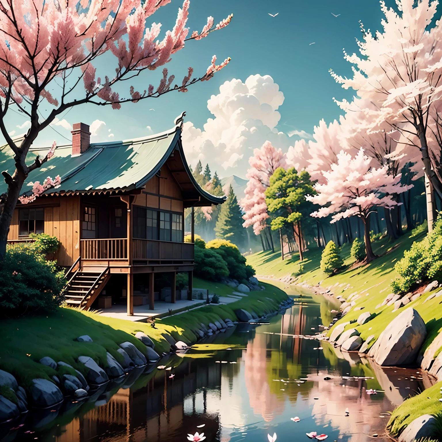 Imagine yourself immersed in mesmerizing videos that capture the essence of nature&#39;s tranquility. as the camera pans over breathtaking landscapes, You find yourself in a picturesque setting. Lush green hills, decorated with bright leaves, stretch as far as the eye can see. The gentle slopes of the hills create a comfortable rhythm., Evoking a sense of peace and harmony.

In the foreground, A pristine river meanders through the landscape, Clear sea reflecting the deep blue sky. The quiet flow of the river、Adds a touch of tranquility to the scene, invites you to immerse yourself in its calming embrace.

この牧歌的な環境に囲まれた魅力的なbamboo house, Exudes an air of simplicity and harmony with nature. Its elegant design is、Blends seamlessly into your surroundings, Make it an integral part of this enchanting landscape. bamboo houseは聖域として機能します, find solace、Providing a place to connect with the beauty of the natural world.

while watching the video, Notice the delicate cherry blossoms decorating the landscape. these exquisite flowers, Commonly known as Sakura, Paint the scene in shades of pink and white. The breeze is blowing, Cherry blossoms dancing in the wind, Create a mesmerizing spectacle. The petals rotate and sway gracefully., their fleeting beauty、Reminds you of life&#39;s fleeting moments.

Surrender yourself to this ethereal world, harmonious interaction of green hills, Meandering river, bamboo house, and桜は魅惑的な自然の交響曲を作り出します. immerse yourself in the video, and、Let the serene beauty of this scene wash over you, Awaken a sense of tranquility and wonder within your soul. --automatic