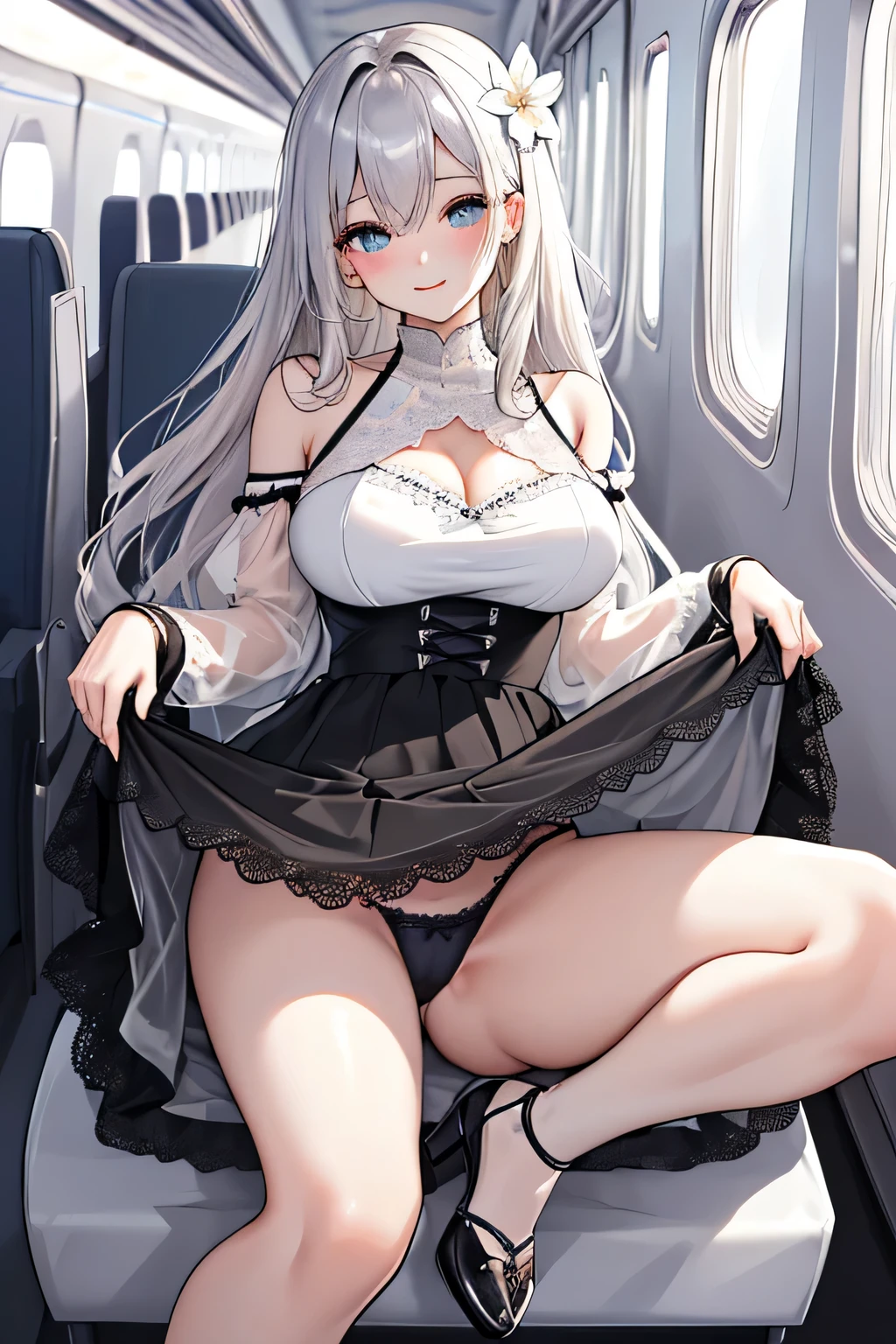 highest quality、High resolution、detailed background、beautiful and detailed face、beautiful and smooth skin、skin texture、Beautiful girl in her 20s、(two beautiful girls:1.5)、(huge breasts:1.3)、(with a happy expression on her face, She lifts up her skirt and shows me her panties.:1.5)、emphasize the chest、emphasize cleavage、White floral embroidered bra、White floral embroidered panties、cute編み込みポニーテール、(Inside the plane、in flight)、
fit&Flare-style dresses emphasize femininity、Suitable for creating a sexy atmosphere.、
Features a design that narrows the waist and widens the skirt..、
If you're looking for sexiness, You can choose tops that emphasize your décolleté..、
V-neck and off-shoulder high neck tops、Choose a design that looks great。、
A bodycon dress suitable for accentuating your body line and creating a sexy look.、
You can emphasize your sexiness by incorporating items made of lace or see-through materials..、
for example, There are also lace tops, see-through skirt, Blouses with a sheer feel.、
Choosing shoes with heels not only improves your posture but also、It also has the effect of making you look sexy.。.、
Providing food and drinks、Accommodating special dietary requirements.、panty shot、blush、cute、camel toe