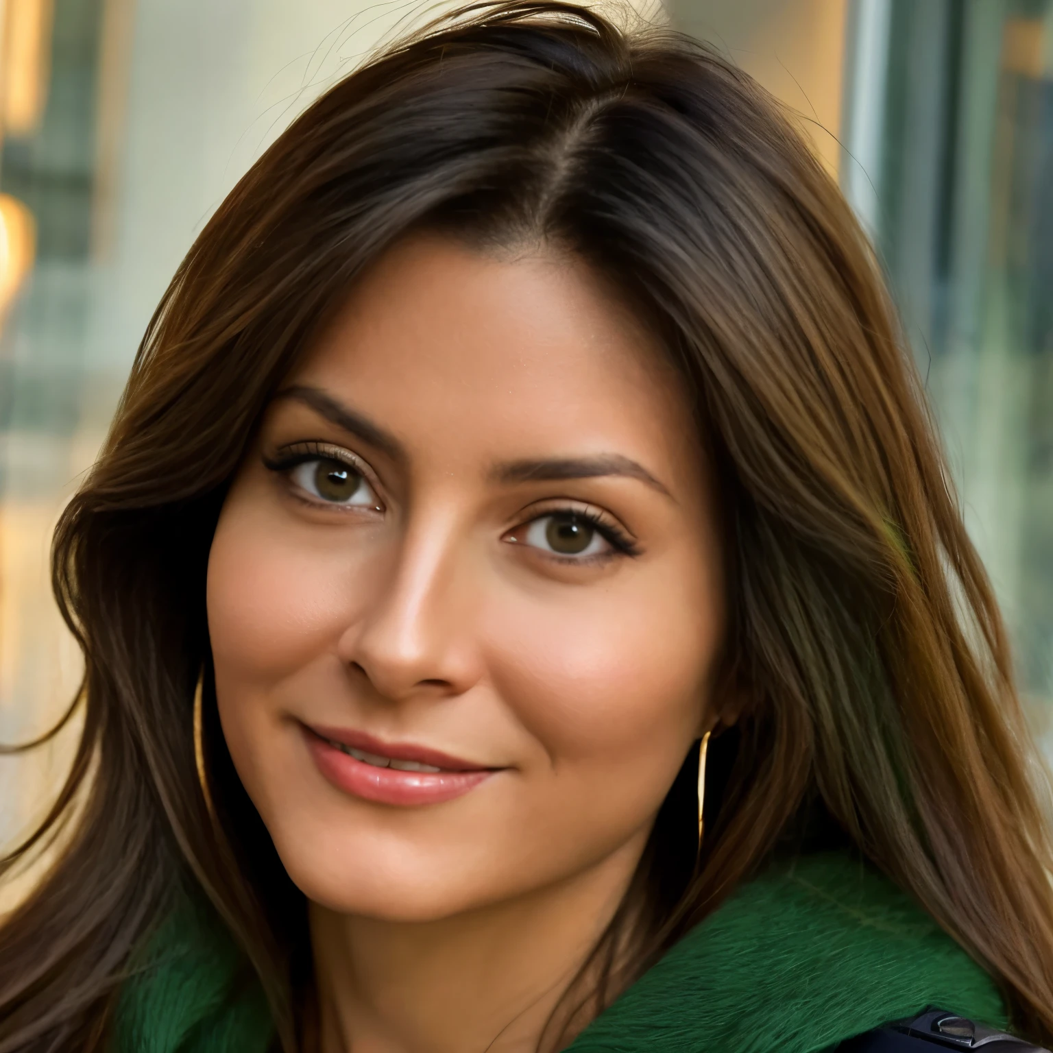 UHD High Resolution Passport type headshot hyperrealistic photo, thin beautiful 44 year old female model with long tightly curled thick black hair, skin type 3, large green eyes and a smile, golden ratio facial proportions