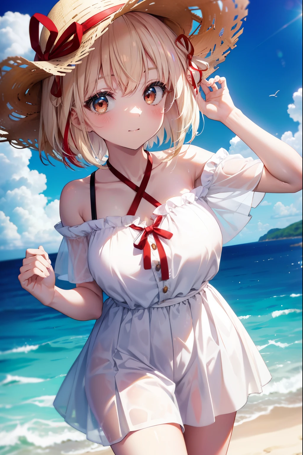 chisatonishikigi, nishikigi chisato, , bangs, blonde hair, (red eyes:1.5), hair ribbon, one side up,smile,blush,great laugh:1.1,open your mouth,Big straw hat,off shoulder dress,long skirt,naked neck,bare shoulders,bare clavicle,Grabbing the skirt with both hands and lifting it up,barefoot,beachの砂浜を散歩しながら,Blonde hair waving in the breeze, true summer,Light of the sun,
break outdoors,beach ,
break looking at viewer, (cowboy shot:1.5),
break (masterpiece:1.2), highest quality, High resolution, unity 8k wallpaper, (figure:0.8), (detailed and beautiful eyes:1.6), highly detailed face, perfect lighting, Very detailed CG, (perfect hands, perfect anatomy),