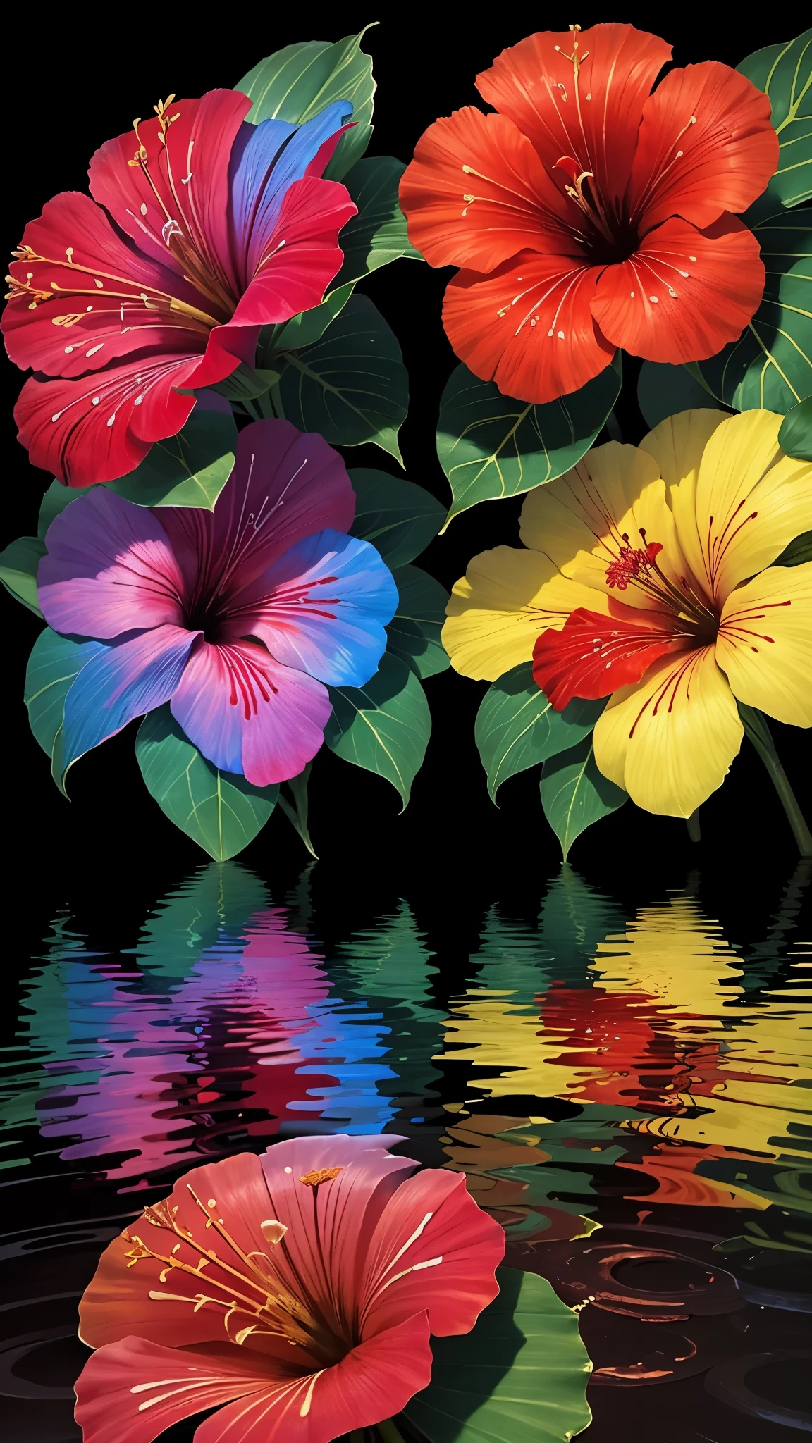 two red and blue flowers with water droplets on them, magical colorful flowers, beautiful tropical flowers, beautiful vibrant colors, hibiscus flowers, beautiful and colorful, tropical flowers, rich flower colors, large exotic flowers, blooming tropical flowers, very vibrant colors, vibrant and rich colors, colorful flowers, hibiscus, vibrant and colorful, vividly beautiful colors, stunning colors