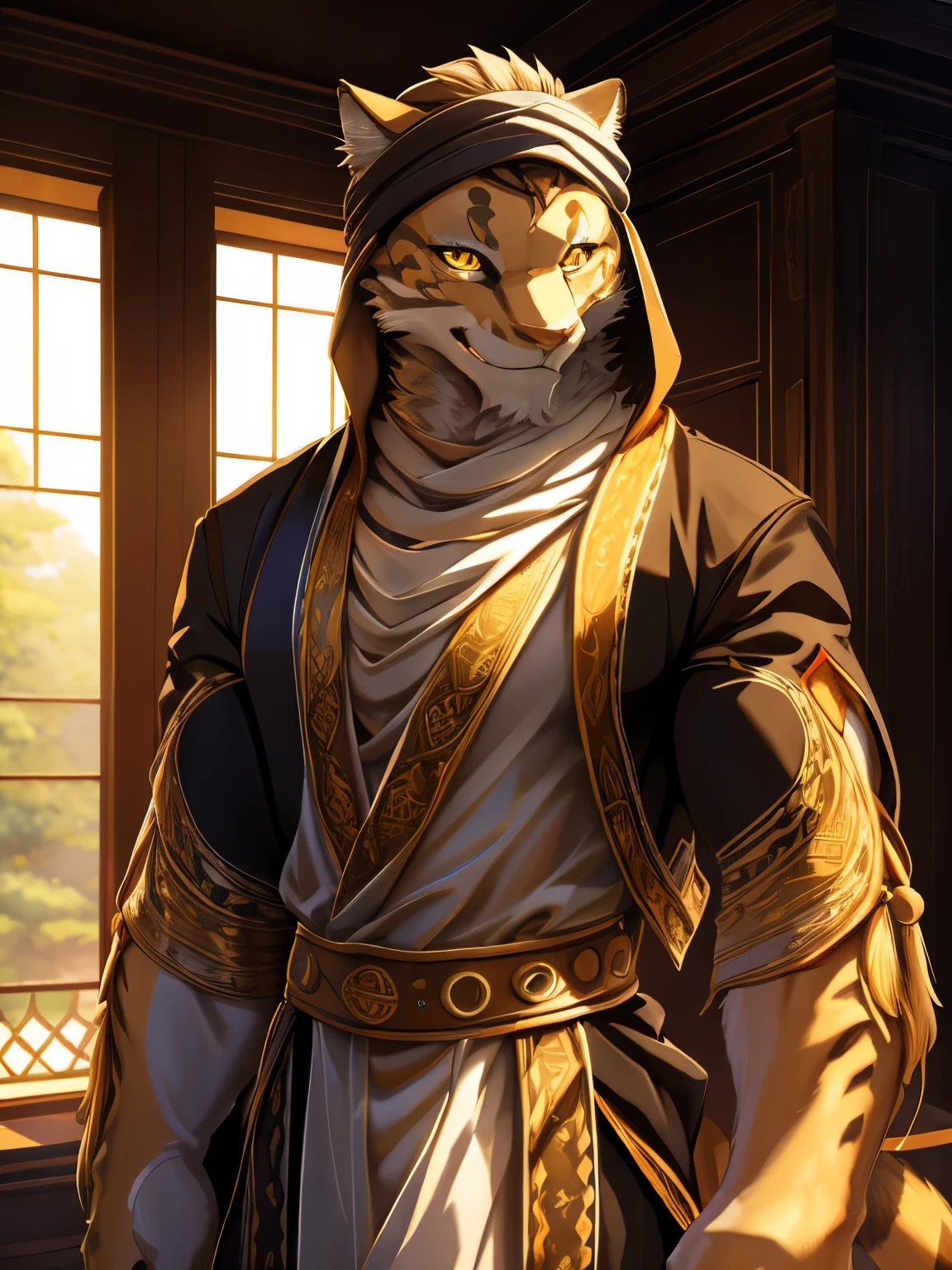 4k, ,8K, A high resolution, best quality, perfect colors, perfect shadows, perfect lighting, Perfect Anatomy, male, furry, likulau (Nekojishi), anthro, solo, white fur, Yellow eyes, (Realistic eyes:1.2), Wearing Muslim clothing, arabic fashion, arabic style, thobe, turban, arabian houses Background, light smile, authoritative, dignified gaze, Full body like, slim body, ultra detailed face, depth of field, motion blur, high details, high quality, award winning, HD, 16k, (best quality,4k,8k,highres,masterpiece:1.2),ultra-detailed,realistic:1.37,HDR,UHD,studio, lighting,extreme detail description,professional,vivid colors,bokeh,lively atmosphere, natural lighting, smile, looking at viewer