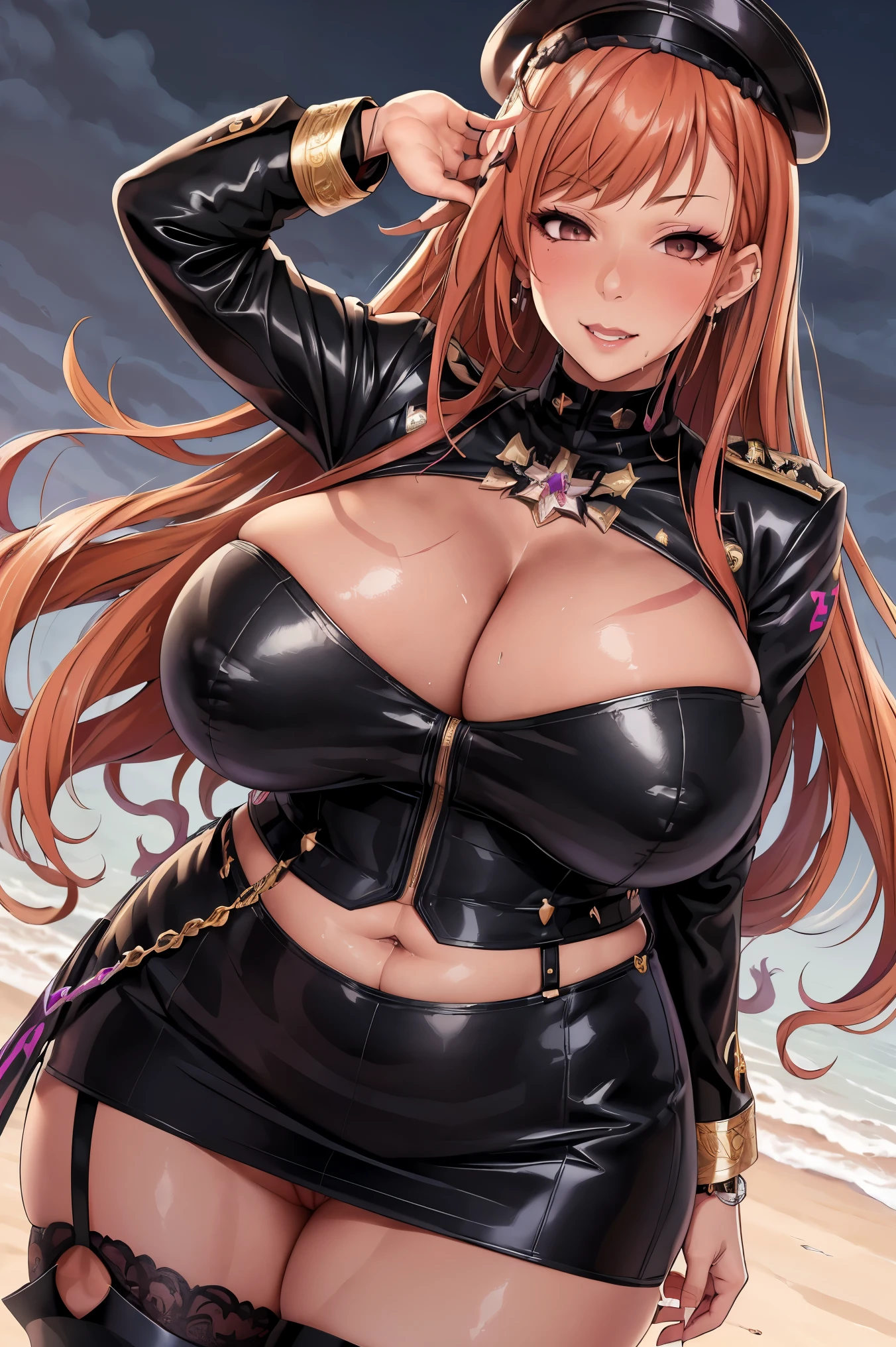 (arisugawa natsuha:1.2), long hair, orange hair, grey eyes, salute, hand on hip, gold earrings, large breasts, jewelry, military cap, (military uniform), (epaulette), jacket, harness, thigh strap, black thigh boots, (pencil skirt), miniskirt, ((nipple, pussy)), (NSFW), corruption, (dark-skinned female, dark skin:1.3), empty eyes, half-closed eyes, evil smile, no pupils, smirk, ((milf)), mature female, married woman, (dark theme:1.2), dark persona, gigantic hanging breasts, skindentation, chubby, voluptuous, thick thighs, wide hips, from the front, (chromatic aberration, intricate details), cowboy shot