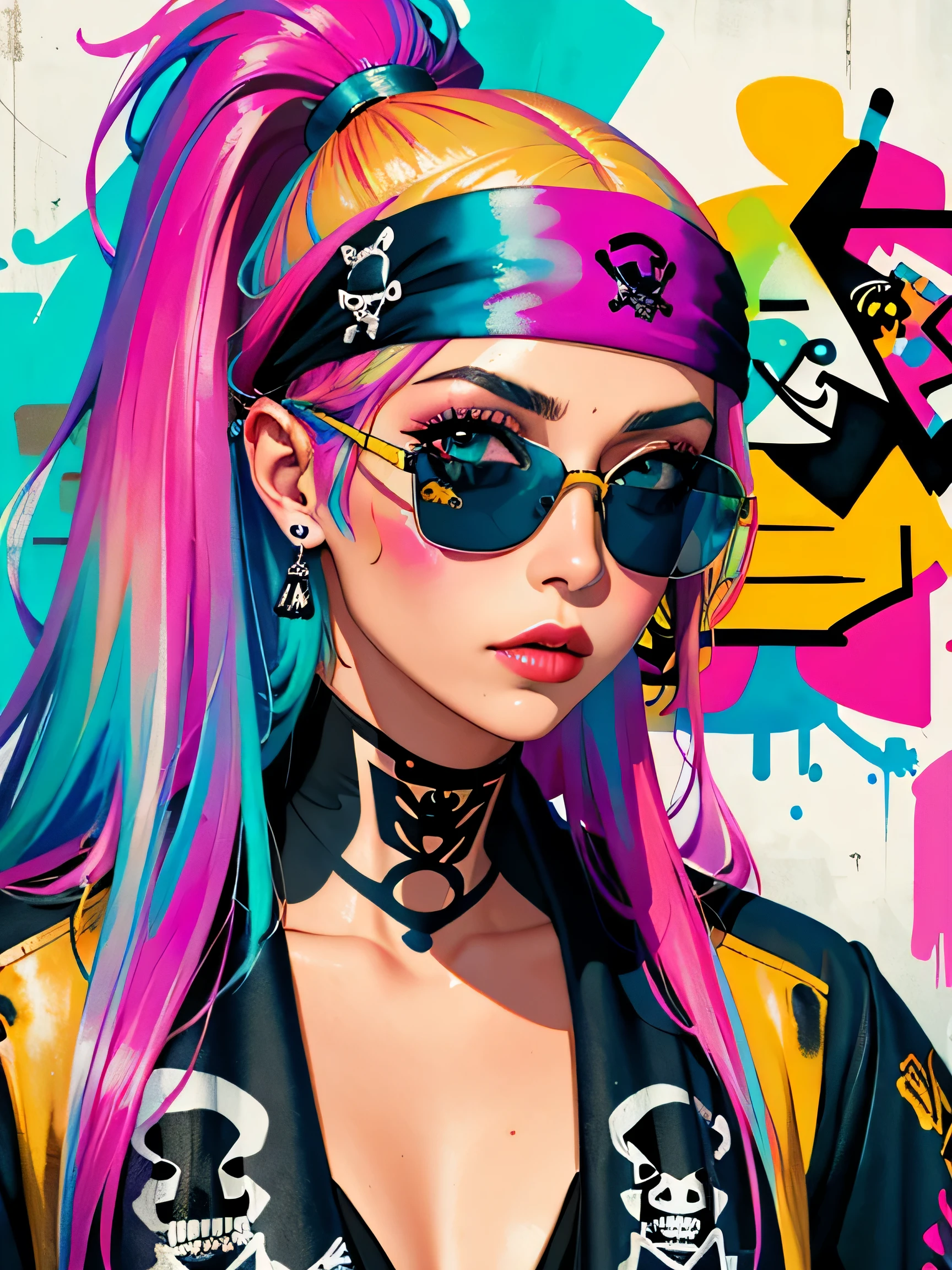 swpunk style synthwaveaward winning half-length portrait of a woman in a motel, big breasts and hot body naked, with teal navy blue ombre hairstyle with flying hair, paint splatters, splashes, overdrive, vaporware, shaded flat illustration, art digital, artstation trends, highly detailed, fine detail, intricate