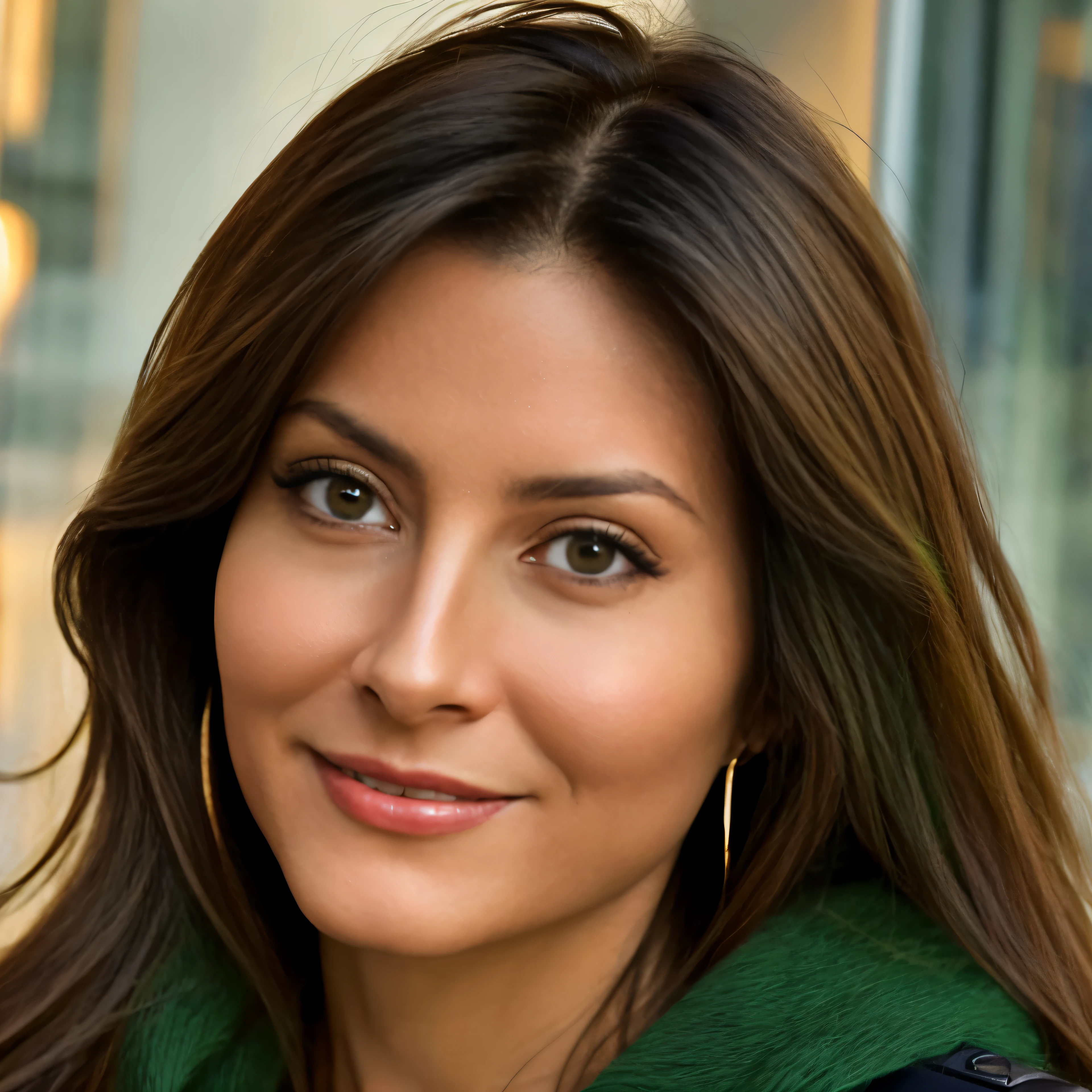 UHD High Resolution Passport type headshot hyperrealistic photo, thin beautiful 44 year old female model with long tightly curled thick black hair, skin type 3, large green eyes and a smile, golden ratio facial proportions