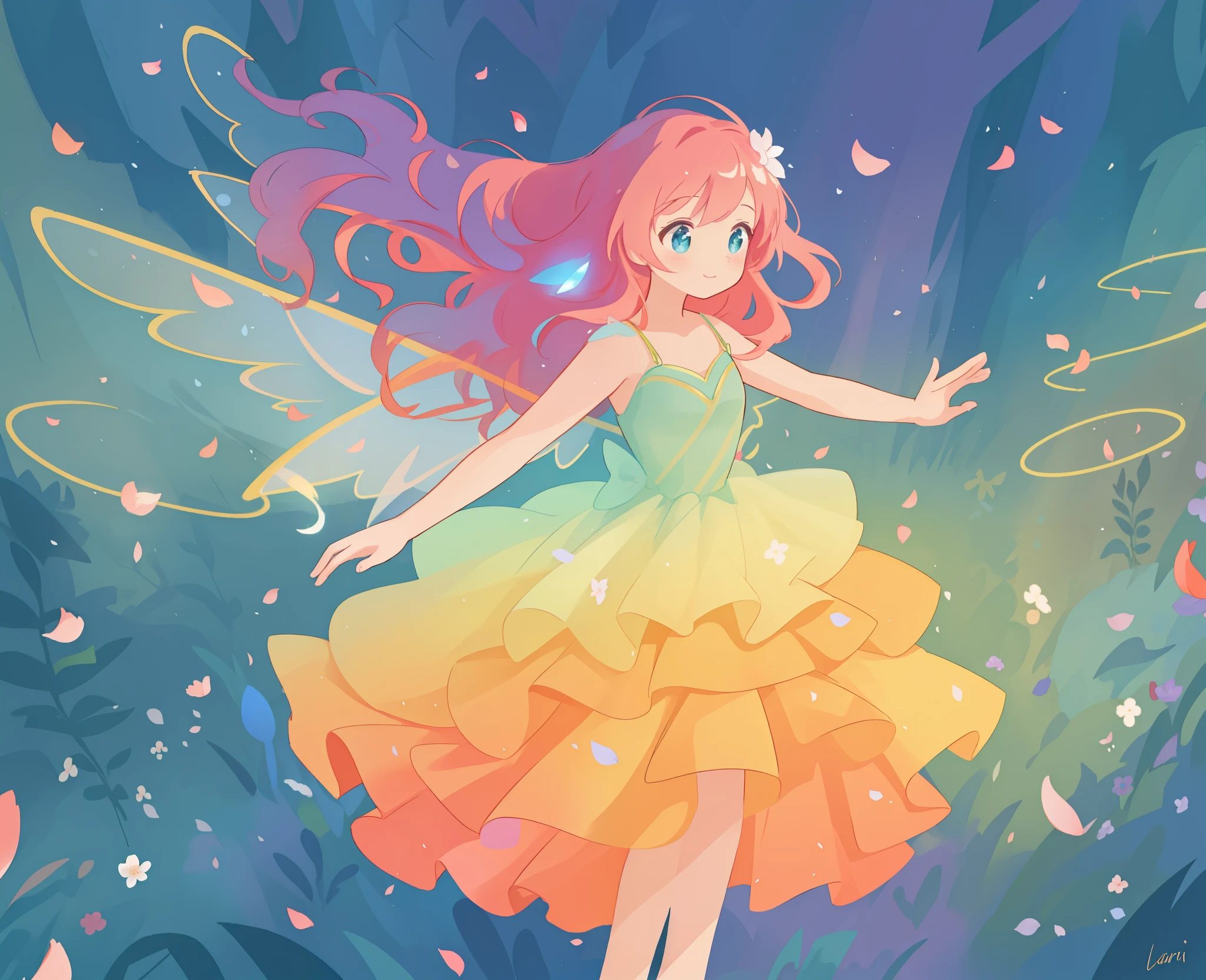 Nice girl in tiered gradient ballgown dress, Ballkleid mit Farbverlauf in warmen Farben, ((layered skirt with petals)), Feenkleid, Fairy Queen, magischer Waldhintergrund, (glowing fairy wings), leuchtend flowing Ballkleid, langes, welliges Haar, sparkling fairy wings, Aquarell-Illustration, Blumen und bunte Pflanzen, inspired von Glen Keane, inspired von Lois van Baarle, Disney-Kunststil, von Lois van Baarle, leuchtende Aura um sie herum, von Glen Keane, jen bartel, leuchtende Lichter! Digitale Zeichnung, flowing, leuchtendes Haar, strahlend flowing Haar, Nice digital illustration, Fantasie jenseitige Landschaft Pflanzen Blumen, Nice, Meisterwerk, best quality, Anime-Disney-Stil
