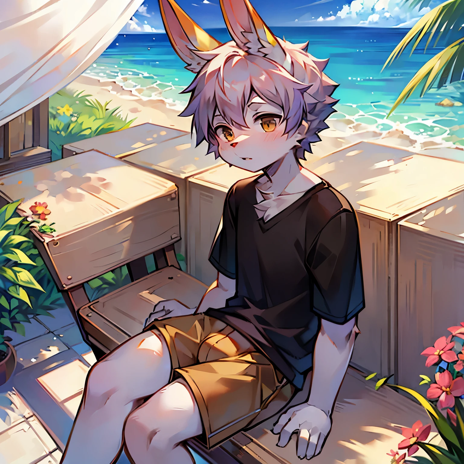 Bright outside,bunny boy,bunny ears,male focus,furry men,Characteristics of a three-year-old boy,One meter and five heights,Short sleeves in summer,shorts,sitting position
