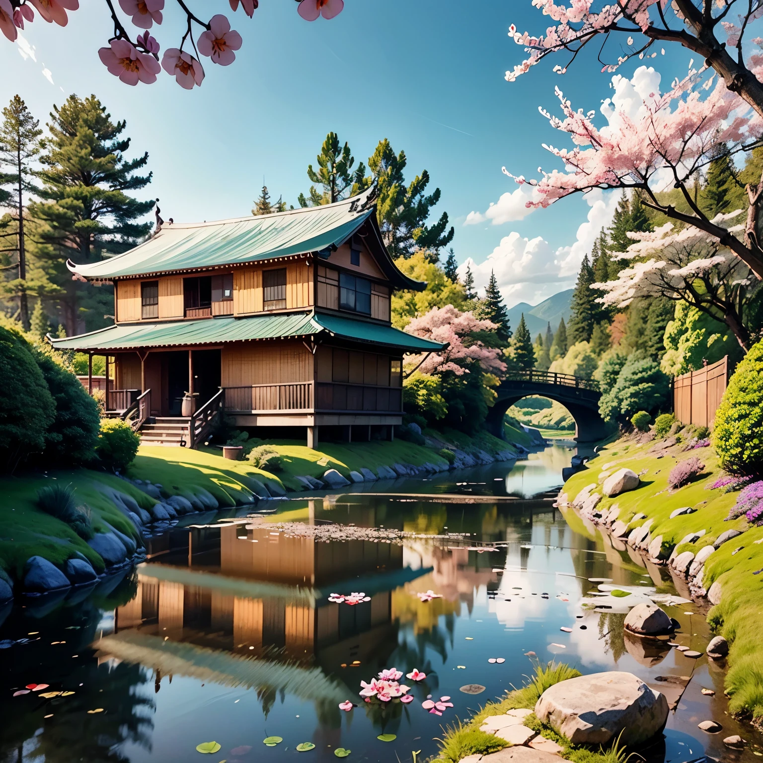 Imagine yourself immersed in mesmerizing videos that capture the essence of nature&#39;s tranquility. as the camera pans over breathtaking landscapes, You find yourself in a picturesque setting. Lush green hills, decorated with bright leaves, stretch as far as the eye can see. The gentle slopes of the hills create a comfortable rhythm., Evoking a sense of peace and harmony.

In the foreground, A pristine river meanders through the landscape, Clear sea reflecting the deep blue sky. The quiet flow of the river、Adds a touch of tranquility to the scene, invites you to immerse yourself in its calming embrace.

この牧歌的な環境に囲まれた魅力的なbamboo house, Exudes an air of simplicity and harmony with nature. Its elegant design is、Blends seamlessly into your surroundings, Make it an integral part of this enchanting landscape. bamboo houseは聖域として機能します, find solace、Providing a place to connect with the beauty of the natural world.

while watching the video, Notice the delicate cherry blossoms decorating the landscape. these exquisite flowers, Commonly known as Sakura, Paint the scene in shades of pink and white. The breeze is blowing, Cherry blossoms dancing in the wind, Create a mesmerizing spectacle. The petals rotate and sway gracefully., their fleeting beauty、Reminds you of life&#39;s fleeting moments.

Surrender yourself to this ethereal world, harmonious interaction of green hills, Meandering river, bamboo house, and桜は魅惑的な自然の交響曲を作り出します. immerse yourself in the video, and、Let the serene beauty of this scene wash over you, Awaken a sense of tranquility and wonder within your soul. --automatic