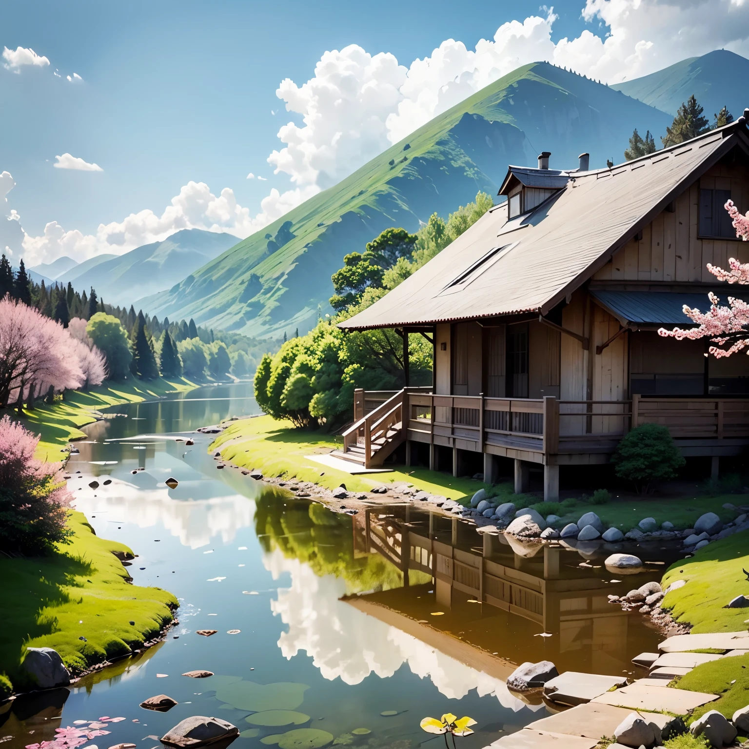 Imagine yourself immersed in mesmerizing videos that capture the essence of nature's tranquility. as the camera pans over breathtaking landscapes, You find yourself in a picturesque setting. Lush green hills, decorated with bright leaves, stretch as far as the eye can see. The gentle slopes of the hills create a comfortable rhythm., Evoking a sense of peace and harmony.
In the foreground, A pristine river meanders through the landscape, Clear sea reflecting the deep blue sky. The quiet flow of the river、Adds a touch of tranquility to the scene, invites you to immerse yourself in its calming embrace.
この牧歌的な環境に囲まれた魅力的なbamboo house, Exudes an air of simplicity and harmony with nature. Its elegant design is、Blends seamlessly into your surroundings, Make it an integral part of this enchanting landscape. bamboo houseは聖域として機能します, find solace、Providing a place to connect with the beauty of the natural world.
while watching the video, Notice the delicate cherry blossoms decorating the landscape. these exquisite flowers, Commonly known as Sakura, Paint the scene in shades of pink and white. The breeze is blowing, Cherry blossoms dancing in the wind, Create a mesmerizing spectacle. The petals rotate and sway gracefully., their fleeting beauty、Reminds you of life's fleeting moments.
Surrender yourself to this ethereal world, harmonious interaction of green hills, Meandering river, bamboo house, and桜は魅惑的な自然の交響曲を作り出します. immerse yourself in the video, and、Let the serene beauty of this scene wash over you, Awaken a sense of tranquility and wonder within your soul. --automatic