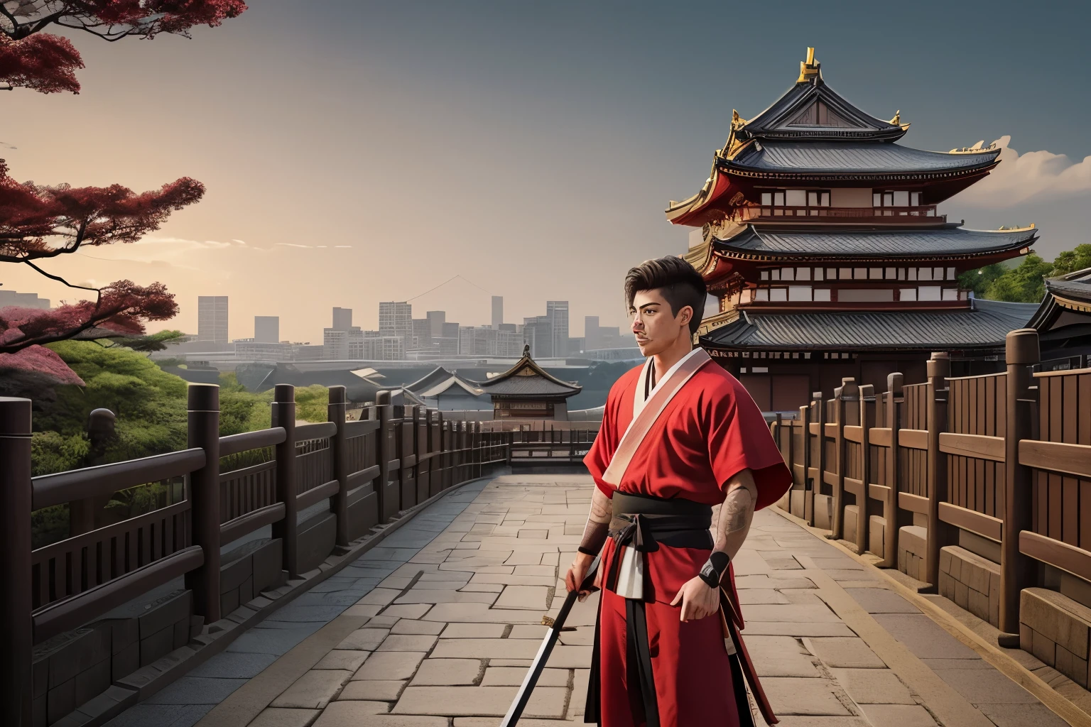 Kai Havertz in red and white samurai dress in period of Sengoku, 1568-1600 AD., The background is Osaka castle, sepia tone photo, right hand holding the katana, japanese sword, hyper realistic, ultra realistic, masterpiece, best quality, faded smoky war background, on the pathway to castle, night shot