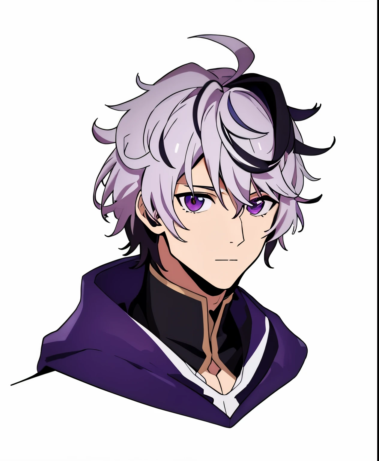 (high-quality, breathtaking),(expressive eyes, perfect face) 1male, male , solo, teenager, short hair length, wavy curly hair, messy hair, white and black hair color, multicolored hair, deep purple eye color, music, mature, haunting twilight background, slightly narrow eyes, hooded jacket, dark purple blue shirt, modern attire, VFlower Vocaloid Male Version, spy x family art style, masculine face, silver star necklace, detailed eyes, portrait, headshot
