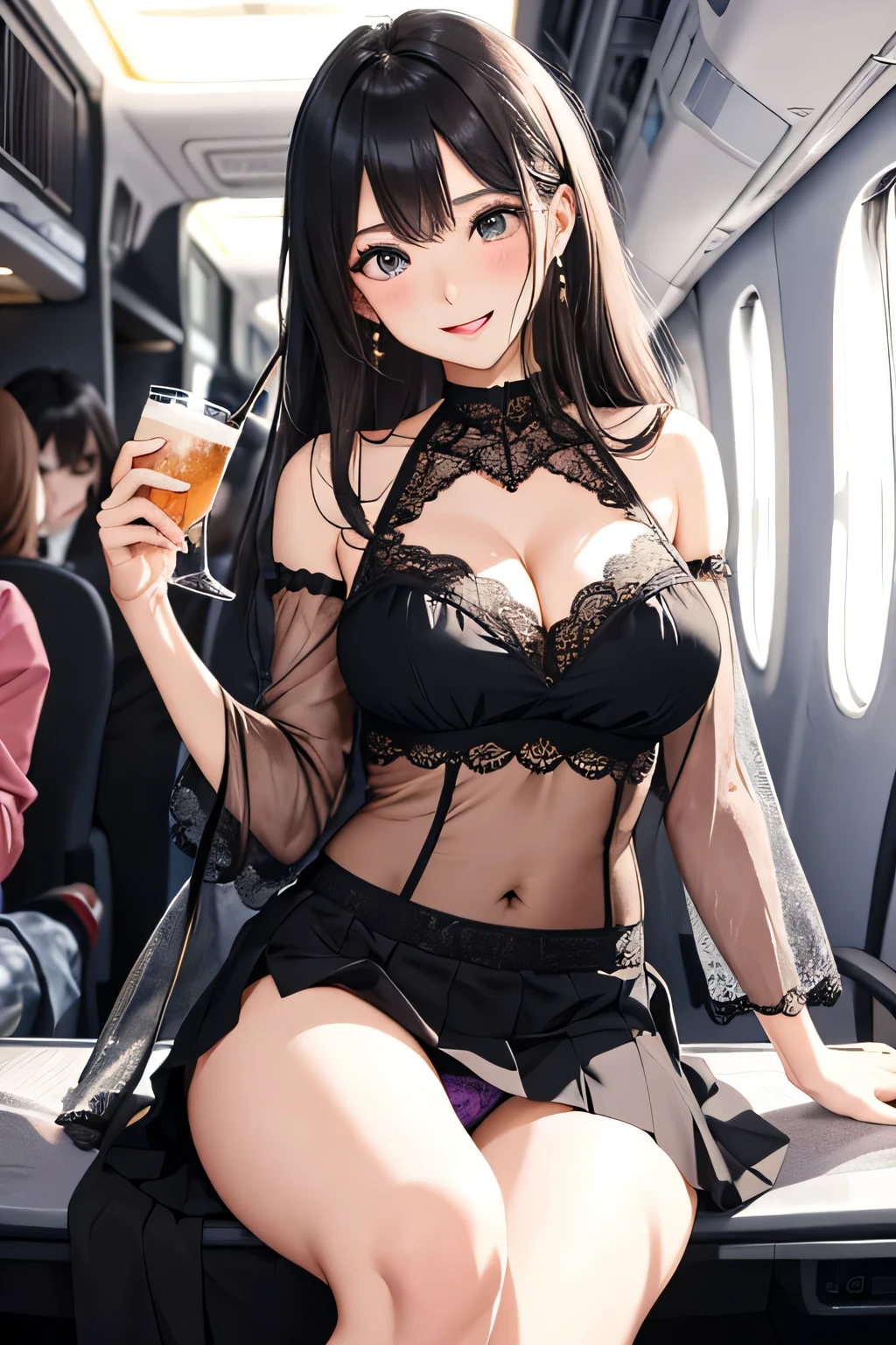 highest quality、High resolution、detailed background、beautiful and detailed face、beautiful and smooth skin、skin texture、Beautiful girl in her 20s、(two beautiful girls:1.5)、(huge breasts:1.3)、(with a happy expression on her face, She lifts up her skirt and shows me her panties.:1.5)、emphasize the chest、emphasize cleavage、White floral embroidered bra、White floral embroidered panties、cute編み込みポニーテール、(Inside the plane、in flight)、
fit＆Flare-style dresses emphasize femininity、Suitable for creating a sexy atmosphere.、
Features a design that narrows the waist and widens the skirt..、
If you&#39;re looking for sexiness, You can choose tops that emphasize your décolleté..、
V-neck and off-shoulder high neck tops、Choose a design that looks great。、
A bodycon dress suitable for accentuating your body line and creating a sexy look.、
You can emphasize your sexiness by incorporating items made of lace or see-through materials..、
for example, There are also lace tops, see-through skirt, Blouses with a sheer feel.、
Choosing shoes with heels not only improves your posture but also、It also has the effect of making you look sexy.。.、
Providing food and drinks、Accommodating special dietary requirements.、panty shot、blush、cute、camel toe