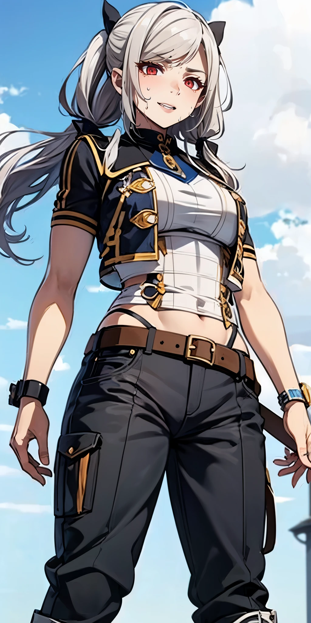 silver hair, twintail, bow, red eyes, anatomically correct, pants, belt, standing, boots, sky, looking_at_viewer, closed_mouth, short_sleeves, shirt, black_pants, jewelry, blue_sky, day, muscular female, hollow eyes, facing viewer, smirk, upper teeth, lips, red eyes, sweating, wet, looking at viewer,