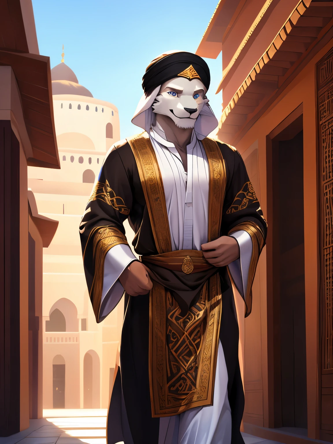 4k, ,8K, A high resolution, best quality, perfect colors, perfect shadows, perfect lighting, Perfect Anatomy, male, furry, shirouogami, anthro, solo, white fur, eyes, (Ultra Realistic eyes:1.2), Wearing Muslim clothing, arabic fashion, arabic style, thobe, turban, in a street with arabian houses, light smile, authoritative, dignified gaze, Full body like, slim body, ultra detailed face, depth of field, motion blur, high details, high quality, award winning, HD, 16k, (best quality,4k,8k,highres,masterpiece:1.2),ultra-detailed,realistic:1.37,HDR,UHD,studio, lighting,extreme detail description,professional,vivid colors,bokeh,lively atmosphere, natural lighting, smile, looking at viewer