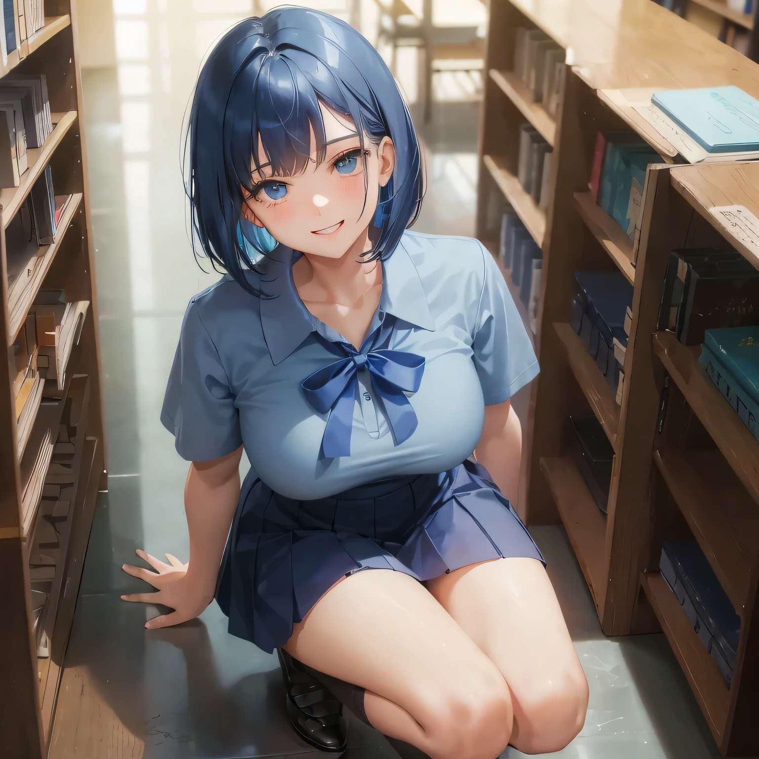 1 high school girl　17 year old female　bob cut　dark blue hair color　high school uniform　Light blue Y-shirt　short sleeve　blue ribbon　dark blue hair color　slender body shape　big breasts　full body portrait　学校のlibrary　smile gently　cheerful look　library　hand sign　squat　kneel down　look up here　