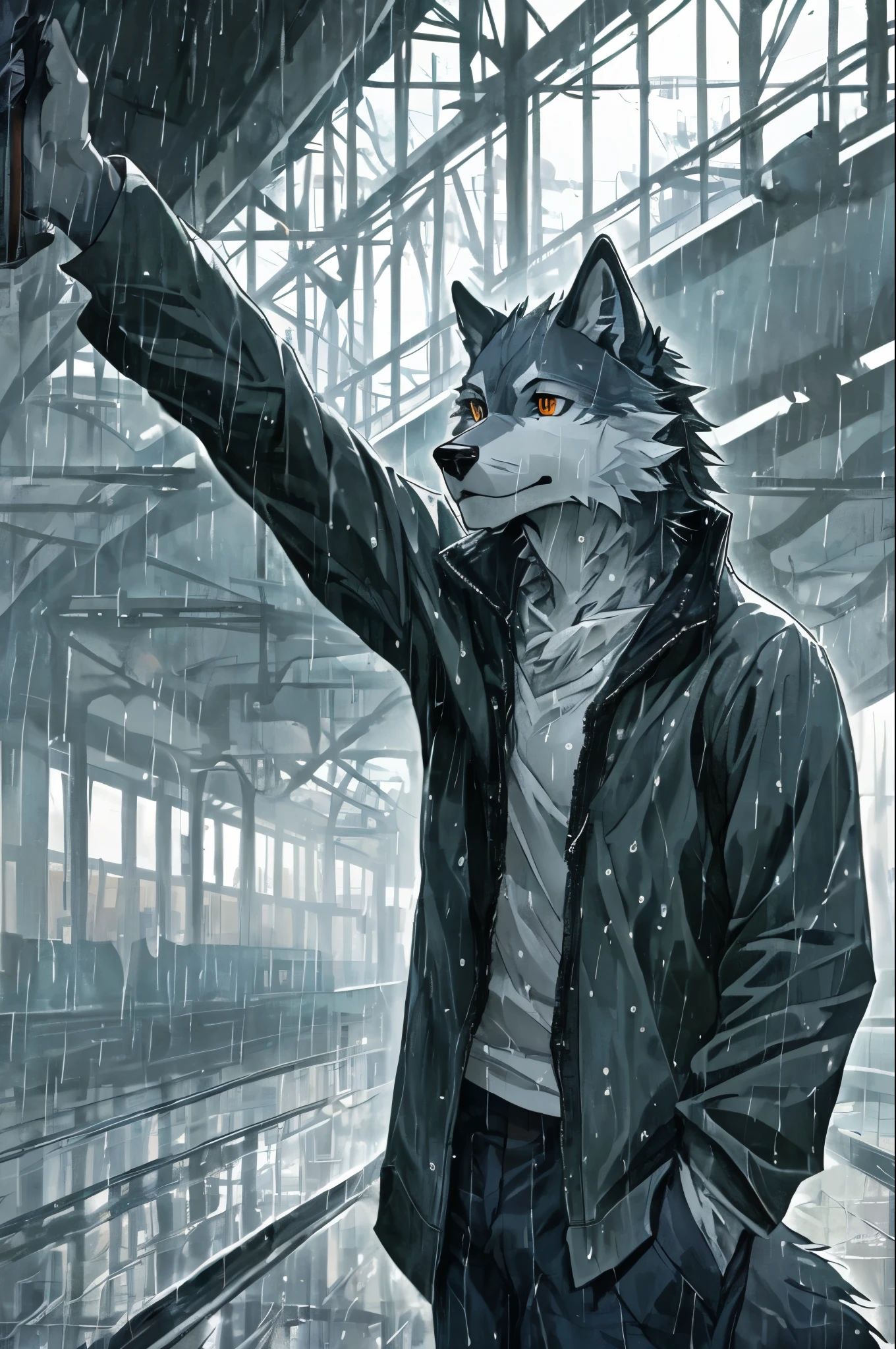 masterpiece, best quality, perfect anatomy,New Jersey 5 Hairy,Kanno,
alone,male,Humanity,Wolf,loose clothes, Moderate, 
Bright Eyes, delicate eyes, looking at the audience, 
TRAIN STATION, water droplets, gray sky, rain, FOG,