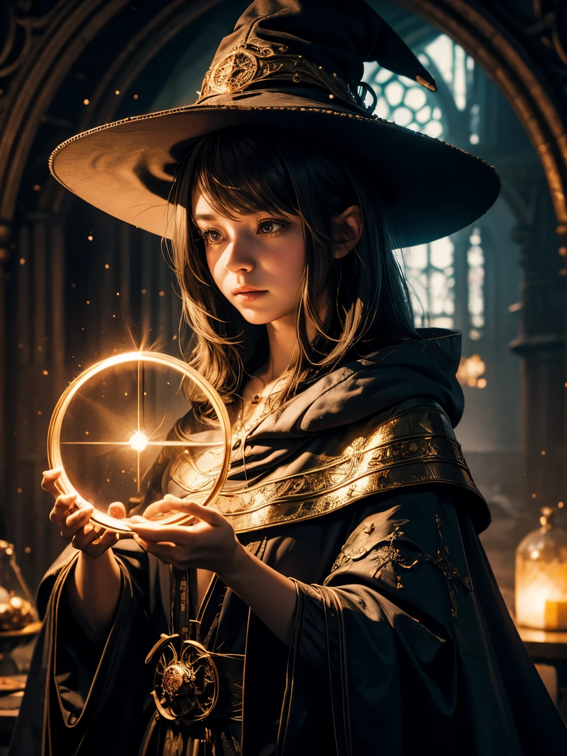 A girl, alone, wearing a wizard hat and a cloak, Magic Circle, spell, magic circle, soft particles, dimly lit chamber, fantasy, bokeh, depth of field, soft lighting, masterpiece, best quality.