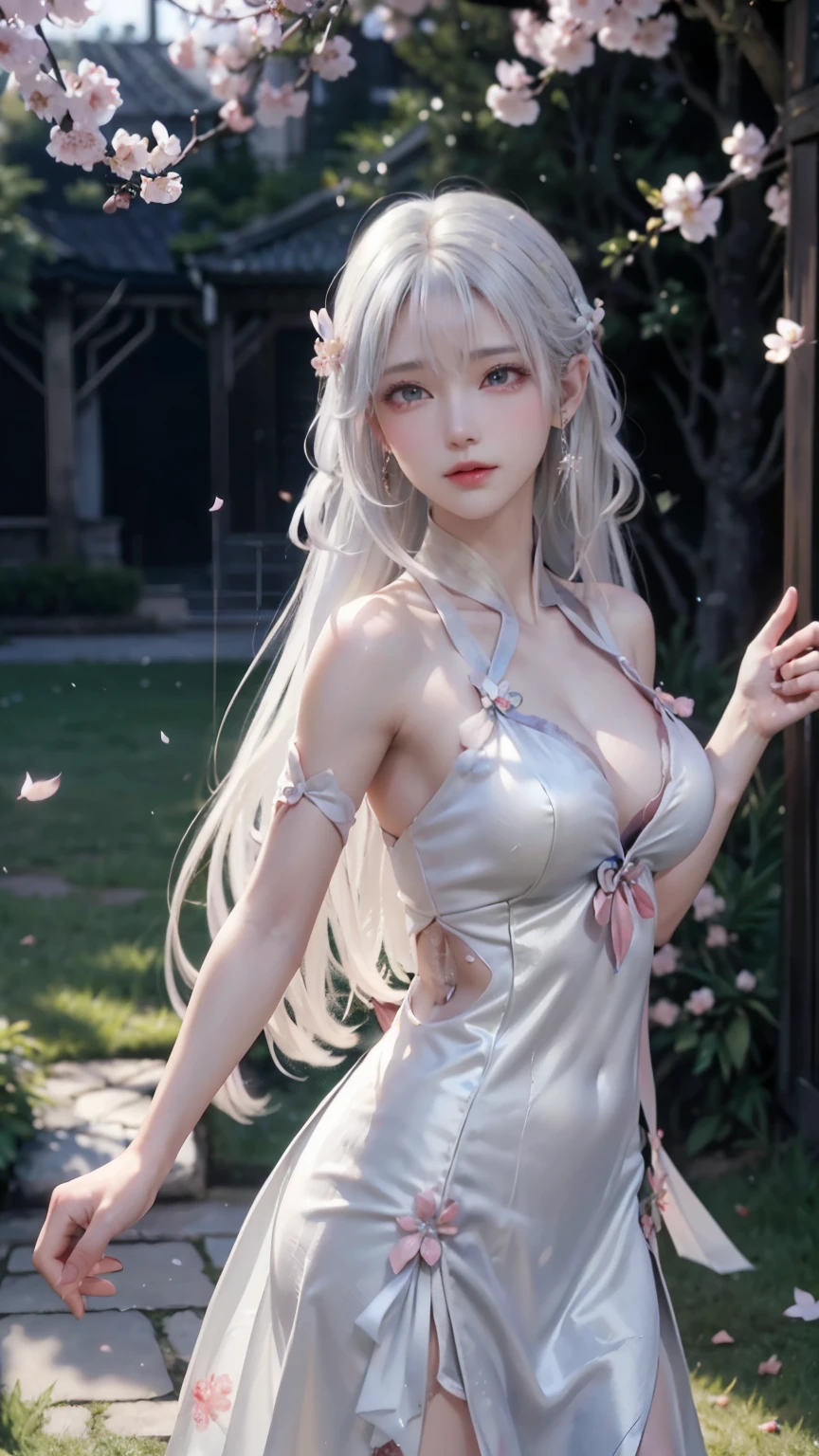 ((logo, masterpiece, 8k, table top, RAW photo, wonderful, 最high quality, Photorealistic and hvery detailed CG integrated 8k wallpaper, high quality, very detailed, Narrative poem, particle effects, dynamic effects, Depth of written boundary, cinematic light, Lens flare, ray tracing, anatomically accurate, accurate hand shape)), fantasy, 1 beautiful woman, ((white hair)), clear eyes, long hair, beautiful face, real face, 緻密でbeautiful eyes, beautiful skin, ((dancing woman, 優雅にdancing woman, 雪景色の中でdancing woman, 激しくdancing woman)), ((long hairがWindでなびく, long hairが跳ねる, long hairがWindで踊る)), hair jump, jewelry, beautiful eyes, white kimono, white obi, 白いcherry blossomsの刺繍模様, silver earrings, Light is shining, ((cherry blossoms, cherry blossomsの木, cherry blossomsの花びらが舞う, cherry blossoms吹雪, falling petals)), blue sky and white clouds background, 広大なWind景, Wind, grassland, Vast land in mythology, Spectacular view, 美しい自然のWindのWind景, hair color is white, cherry blossomsの花びらが舞う, cherry blossomsの木, A woman with accurate hand shape