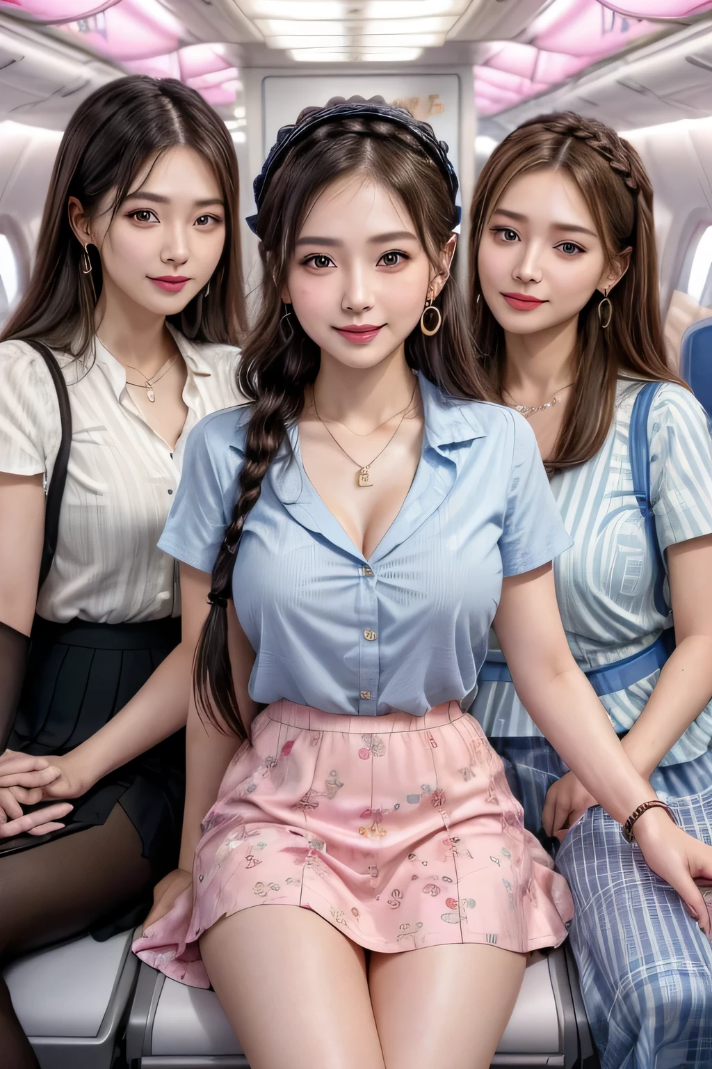 highest quality、High resolution、detailed background、beautiful and detailed face、beautiful and smooth skin、skin texture、Beautiful girl in her 20s、(two beautiful girls:1.5)、(huge breasts:1.3)、(with a happy expression on her face, She lifts up her skirt and shows me her panties.:1.5)、emphasize the chest、emphasize cleavage、Pink floral embroidered bra、pink floral embroidered panties、braided hairstyles、(Inside the plane、in flight)、
Suits as airline uniforms、Includes skirt and blouse combination.、
Fitted to bring out your cuteness&You can choose feminine silhouettes such as flared dresses and tops and flared skirt combinations..、
Bright colors and pastel colors are suitable for creating a cute look.、
that is also important to choose a color palette that matches the airline'Brand Image.、
You can add playfulness to your outfit by choosing cute patterns and designs such as floral patterns and dotted stripes.、
Add some personality to your look by adding accessories like simple earrings or a watch necklace.。.、
You can bring out your cuteness by keeping your makeup natural and clean.、
that'When choosing lip and cheek shades、It is important to follow airline guidelines、
Providing food and drinks、Accommodating special dietary requirements.、sexual expression、panty shot、cute、camel toe