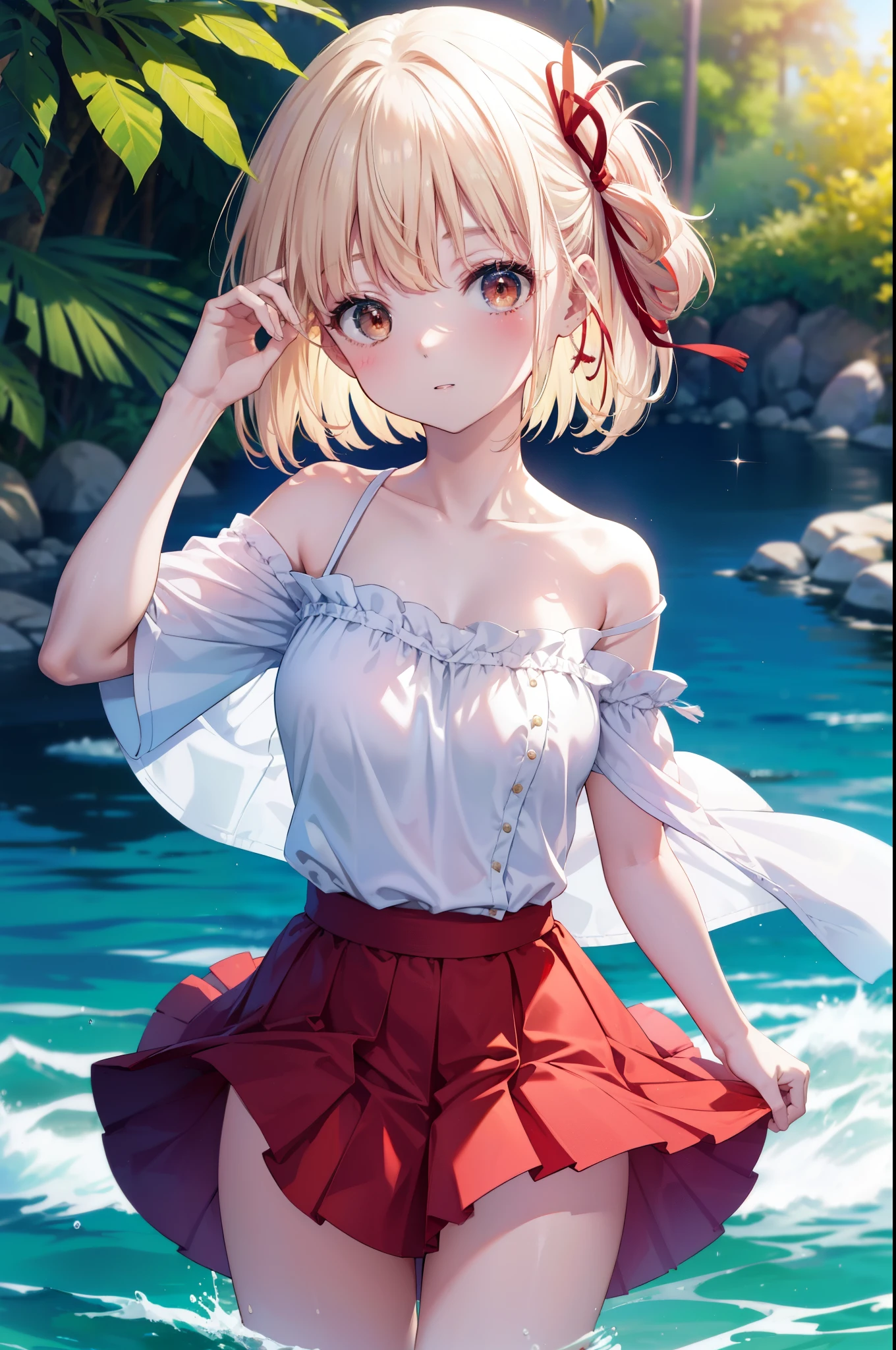 chisatonishikigi, nishikigi chisato,long hair , bangs, blonde hair, (red eyes:1.5), hair ribbon, one side up,smile,blush,open your mouth,Big straw hat,off shoulder dress,long skirt,naked neck,bare shoulders,bare clavicle,Grabbing the skirt with both hands and lifting it up,barefoot,beachの砂浜を散歩しながら,Blonde hair waving in the breeze, true summer,Light of the sun,
break outdoors,beach ,
break looking at viewer, (cowboy shot:1.5),
break (masterpiece:1.2), highest quality, High resolution, unity 8k wallpaper, (figure:0.8), (detailed and beautiful eyes:1.6), highly detailed face, perfect lighting, Very detailed CG, (perfect hands, perfect anatomy),