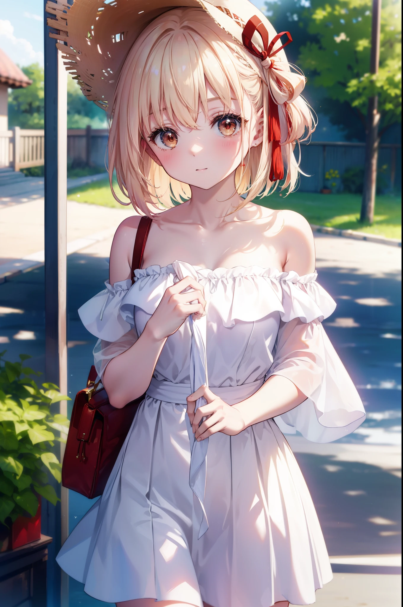 chisatonishikigi, nishikigi chisato,long hair , bangs, blonde hair, (red eyes:1.5), hair ribbon, one side up,smile,blush,open your mouth,Big straw hat,off shoulder dress,long skirt,naked neck,bare shoulders,bare clavicle,Grabbing the skirt with both hands and lifting it up,barefoot,beachの砂浜を散歩しながら,Blonde hair waving in the breeze, true summer,Light of the sun,
break outdoors,beach ,
break looking at viewer, (cowboy shot:1.5),
break (masterpiece:1.2), highest quality, High resolution, unity 8k wallpaper, (figure:0.8), (detailed and beautiful eyes:1.6), highly detailed face, perfect lighting, Very detailed CG, (perfect hands, perfect anatomy),