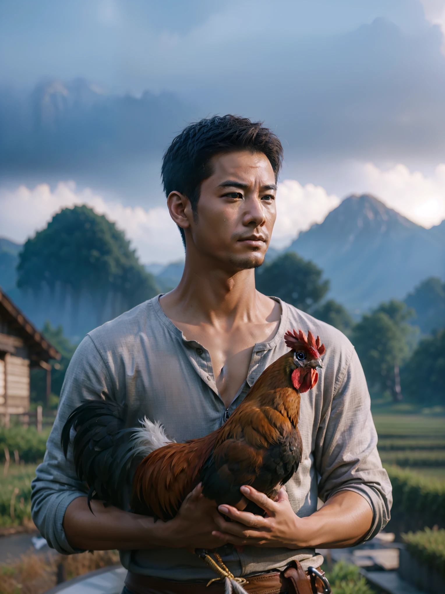 arafed man carrying a rooster on his back in a village, inspired by Rudy Siswanto, movie promotional image, by Rudy Siswanto, movie still 8 k, the king of rooster, film promotional still, still from a live action movie, matte painting portrait shot, shot from movie, still from a movie, cinematic. by leng jun