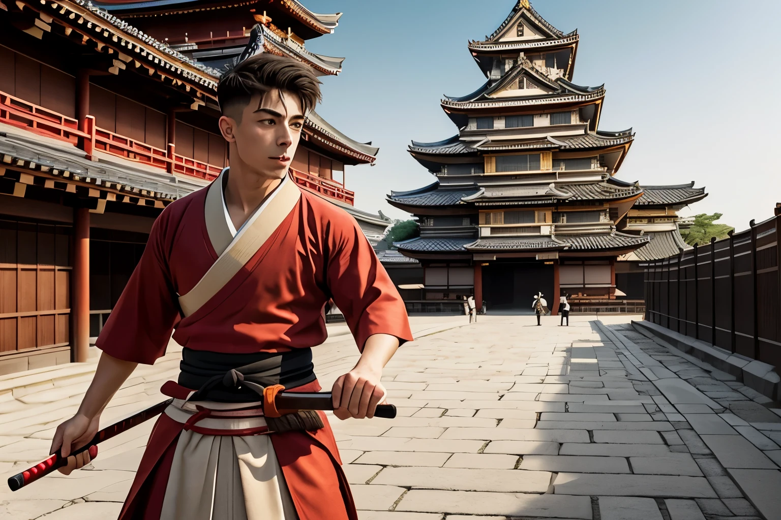 Kai Havertz in red and white samurai dress in period of Sengoku, 1568-1600 AD., The background is Osaka castle, sepia tone photo, right hand holding the katana, japanese sword, hyper realistic, ultra realistic, masterpiece, best quality, faded smoky war background, on the pathway to castle, night shot