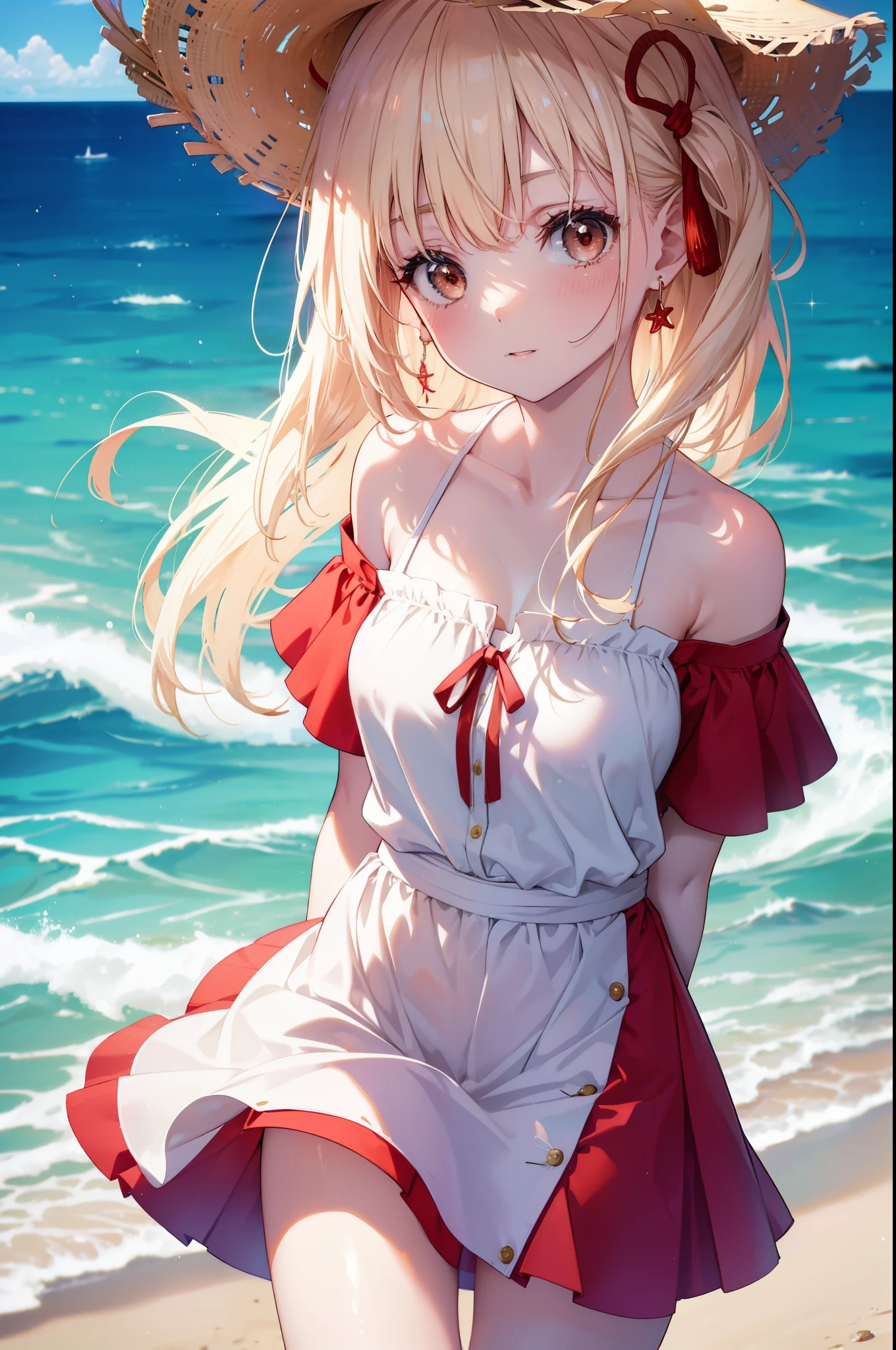 chisatonishikigi, nishikigi chisato,long hair , bangs, blonde hair, (red eyes:1.5), ,smile,blush,open your mouth,Big straw hat,off shoulder dress,long skirt,naked neck,bare shoulders,bare clavicle,Grabbing the skirt with both hands and lifting it up,barefoot,beachの砂浜を散歩しながら,Blonde hair waving in the breeze, true summer,Light of the sun,
break outdoors,beach ,
break looking at viewer, (cowboy shot:1.5),
break (masterpiece:1.2), highest quality, High resolution, unity 8k wallpaper, (figure:0.8), (detailed and beautiful eyes:1.6), highly detailed face, perfect lighting, Very detailed CG, (perfect hands, perfect anatomy),