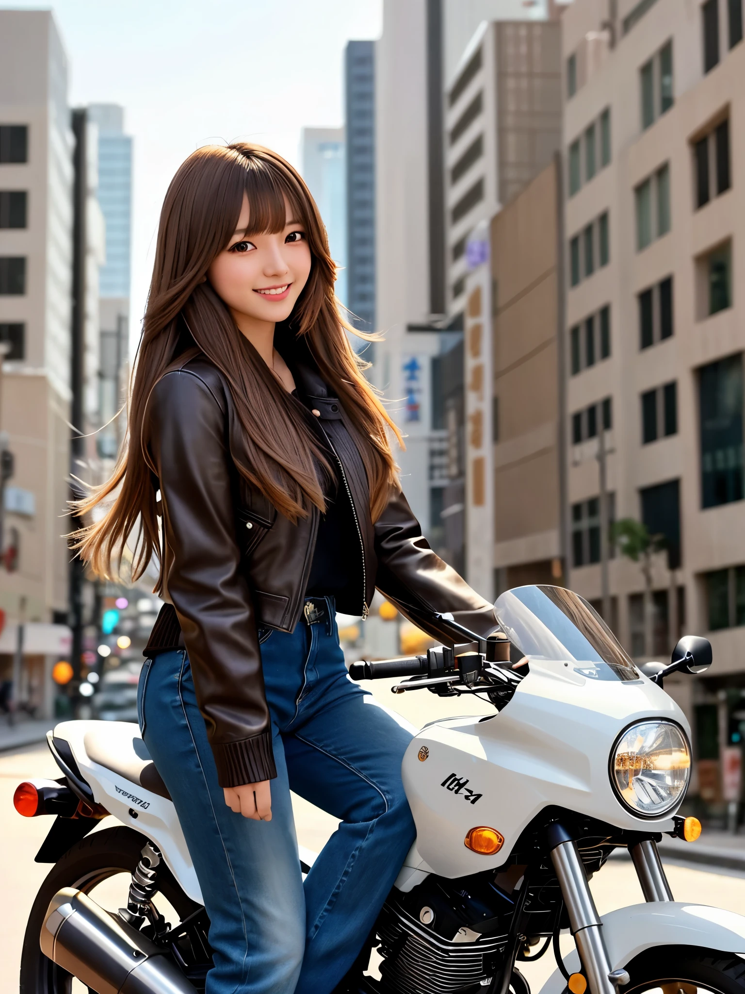 product quality, 1 girl, cowboy shot, front view, a Japanese young pretty girl, long bob hair, riding with a big smile on an old motorcycle in a big city, wearing a black leather jacket over a sweater, denim pants, leather boots, hyper cute face, glossy lips, double eyelids for both eyes, natural makeup, shiny smooth light brown hair of long bob hair, asymmetrical bangs, high resolution, high detail, detailed hairstyle, detailed face, cinematic lighting, octane rendering, hyper realistic, perfect limbs, perfect anatomy