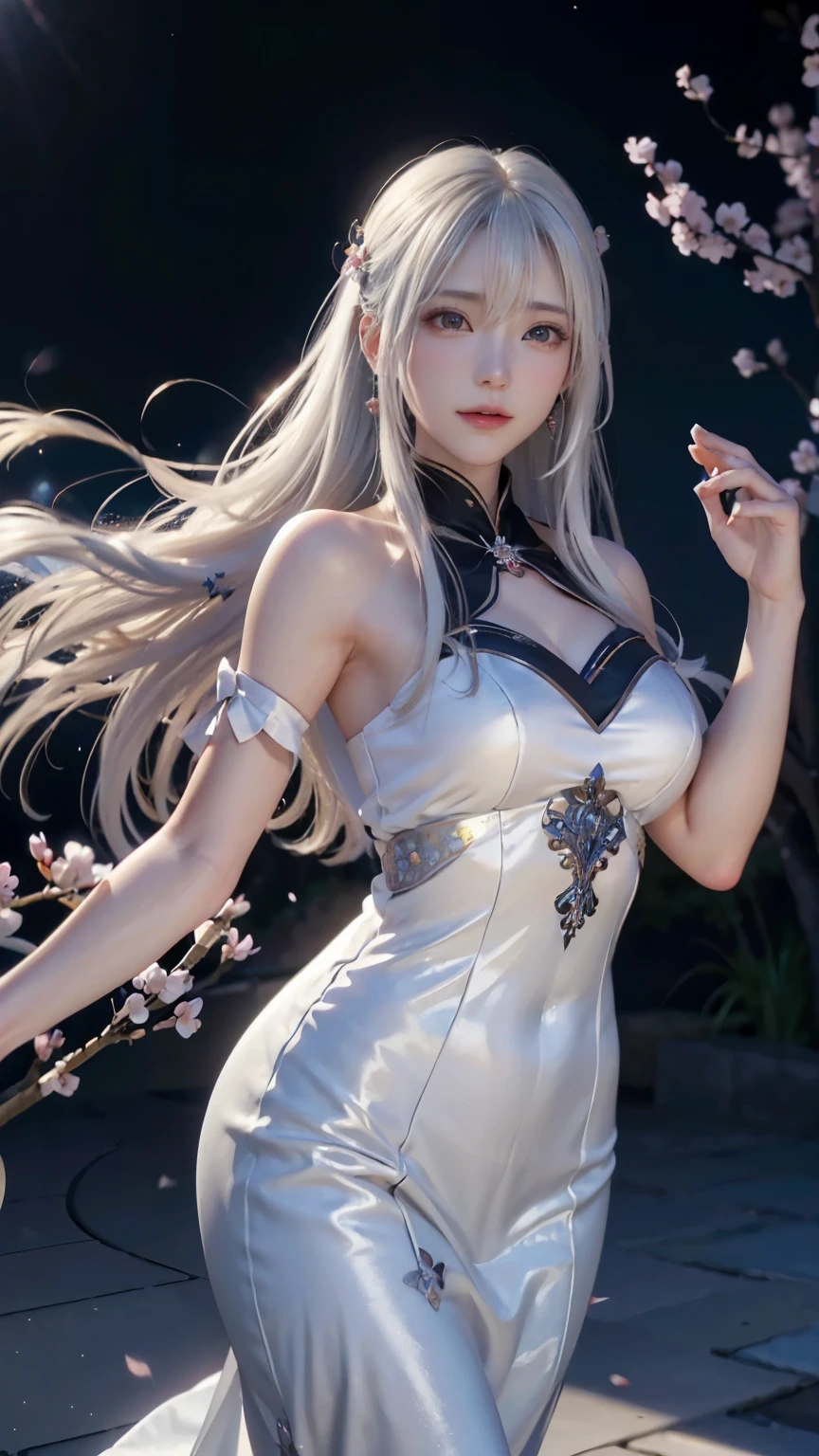 ((logo, masterpiece, 8k, table top, RAW photo, wonderful, 最high quality, Photorealistic and hvery detailed CG integrated 8k wallpaper, high quality, very detailed, Narrative poem, particle effects, dynamic effects, Depth of written boundary, cinematic light, Lens flare, ray tracing, anatomically accurate, accurate hand shape)), fantasy, 1 beautiful woman, ((white hair)), clear eyes, long hair, beautiful face, real face, 緻密でbeautiful eyes, beautiful skin, ((dancing woman, 優雅にdancing woman, 雪景色の中でdancing woman, 激しくdancing woman)), ((long hairがWindでなびく, long hairが跳ねる, long hairがWindで踊る)), hair jump, jewelry, beautiful eyes, white kimono, white obi, 白いcherry blossomsの刺繍模様, silver earrings, Light is shining, ((cherry blossoms, cherry blossomsの木, cherry blossomsの花びらが舞う, cherry blossoms吹雪, falling petals)), blue sky and white clouds background, 広大なWind景, Wind, grassland, Vast land in mythology, Spectacular view, 美しい自然のWindのWind景, hair color is white, cherry blossomsの花びらが舞う, cherry blossomsの木, A woman with accurate hand shape