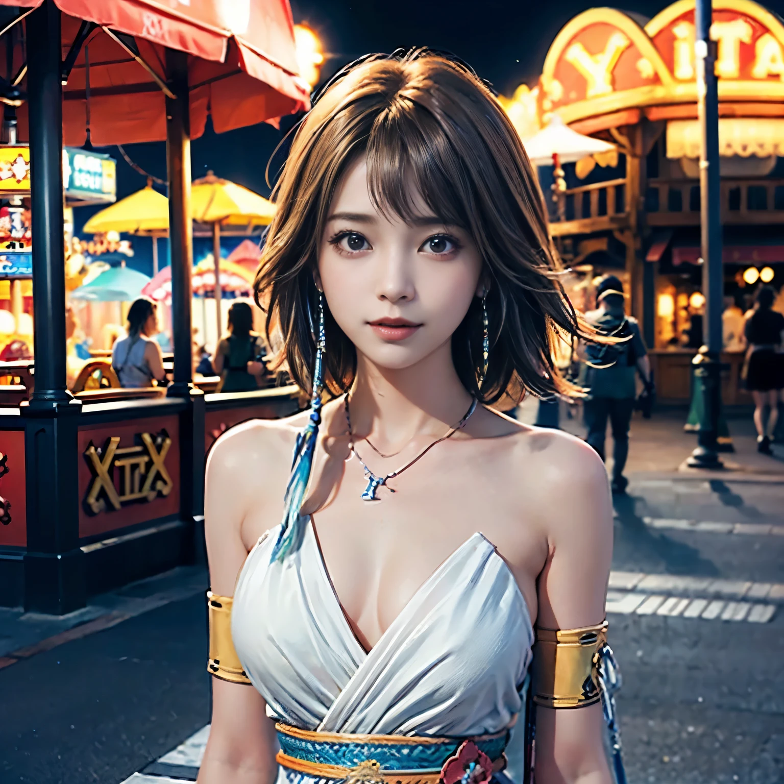 4k,1、topless、table top, High resolution, super detailed), 1 female, 28 years old, Final Fantasy Yuna x2, More mature, ((simple background)), Plain dark background, ((There is nothing in the background)), surreal, Yuna&#39;s Final Fantasy costume, Yuna&#39;s original costume design from Final Fantasy X2, (((nsfw://www.Creative Uncut.。.。.and/Gallery-01/ff10-2-Yuna 2...html))), Denim shorts exposed to tatters, Features of asymmetrical clothing, belt on left hip, Optimal clothing simulation, not a necklace, 1 female, Windy nights, Yuna's Bob Hairstyles, Big breasts, cleavage, middle_chest, thick body, smile, , close up shot, shot from the front, zoomed in shot, Access HIPS image scope, smile with closed mouth, from head to waist, Characters looking at the camera, I&#39;m watching you, Yuna FFX, blue bead earrings,(((Only the upper body is naked))),smile,(((amusement park)))