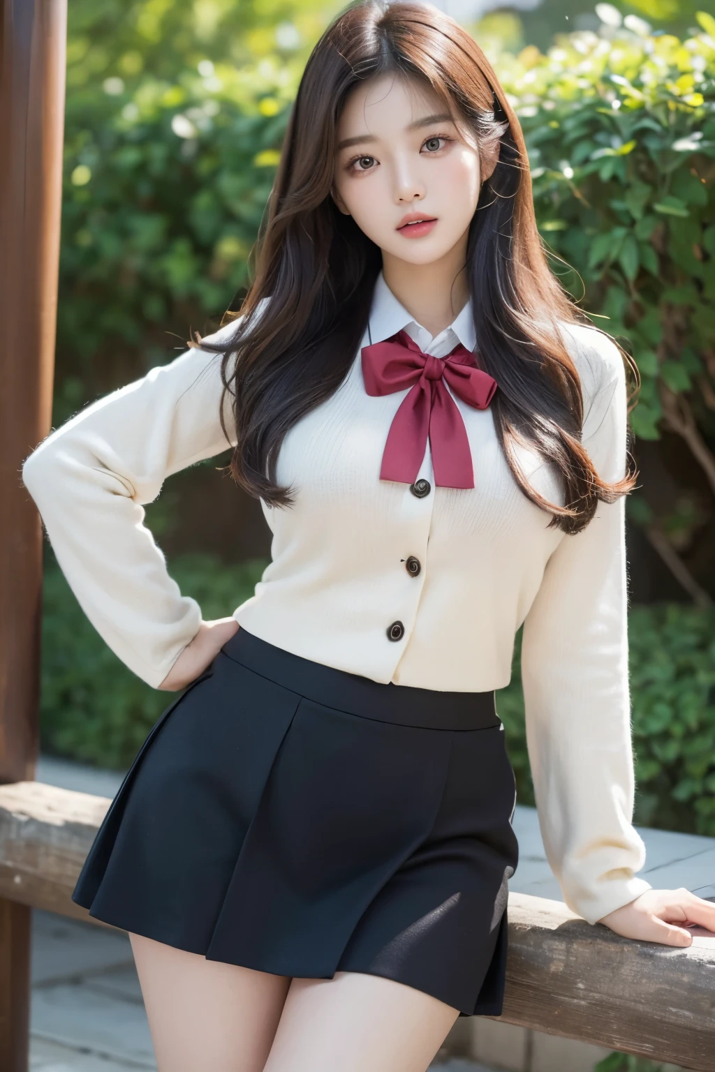 (((masterpiece))),(((high resolution)))、(((8K)))、(((perfect face)))、((beautiful woman))、(((Korean beautiful girl)))、(((uniform)))、knit、(cute)、mini skirt、big breasts、Plump