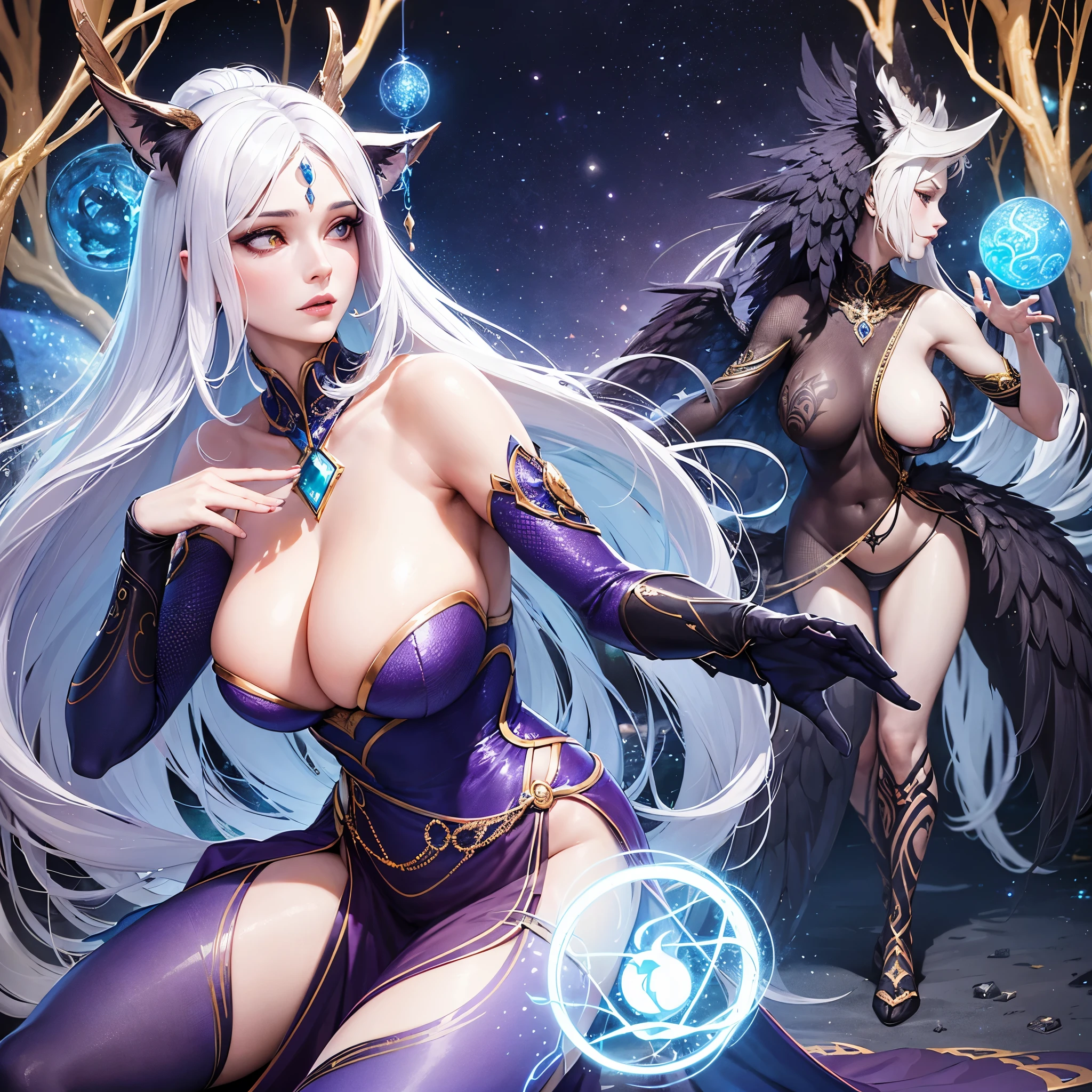 (best quality,4k,highres,masterpiece:1.2),ultra-detailed,(realistic:1.37)
A mature curvaceous Malaysian woman with her age at 40, dressed in a hijab that covers all of her hair, is standing in the center of a mystical scene. She is wearing a beautiful silk magic gown that shimmers with an otherworldly glow. The gown flows gracefully around her figure, accentuating her curves and adding an air of elegance to her presence.
The woman is a witch, strong and knowledgeable in the mystic arts. She stands confidently with her hands raised, as if channeling her magical powers. Around her, a magic circle adorns the ground with intricate symbols and glowing sigils. The circle is made from a combination of runes and arcana, pulsating with energy in vibrant colors of blues and purples.
As the woman continues her summoning, a mythical monster starts to materialize from within the magic circle. The creature is a magnificent being, towering with a majestic presence. Its body is covered in shimmering scales, reflecting the light around it in a mesmerizing display. The creature's form is a combination of various animals, with wings of an eagle, the tail of a serpent, and the head of a lion.
The scene is bathed in an ethereal light, reminiscent of moonlight casting an enchanting glow. The soft illumination illuminates the woman's face, revealing a calm and focused expression. Her eyes emit a glimmer of magic, while her lips are curved in determination.
The background is an enchanted forest, with towering trees reaching towards the sky. The forest is filled with vibrant foliage, casting shadows and adding layers of depth to the overall composition. The air is filled with an aura of mystery and anticipation, as if the entire world holds its breath in awe of the imminent manifestation.
The color palette of the scene is rich and vivid, with deep shades of blues and purples dominating the overall tone. The contrasting warm hues of the woman's gown provide a beautiful balance and creat