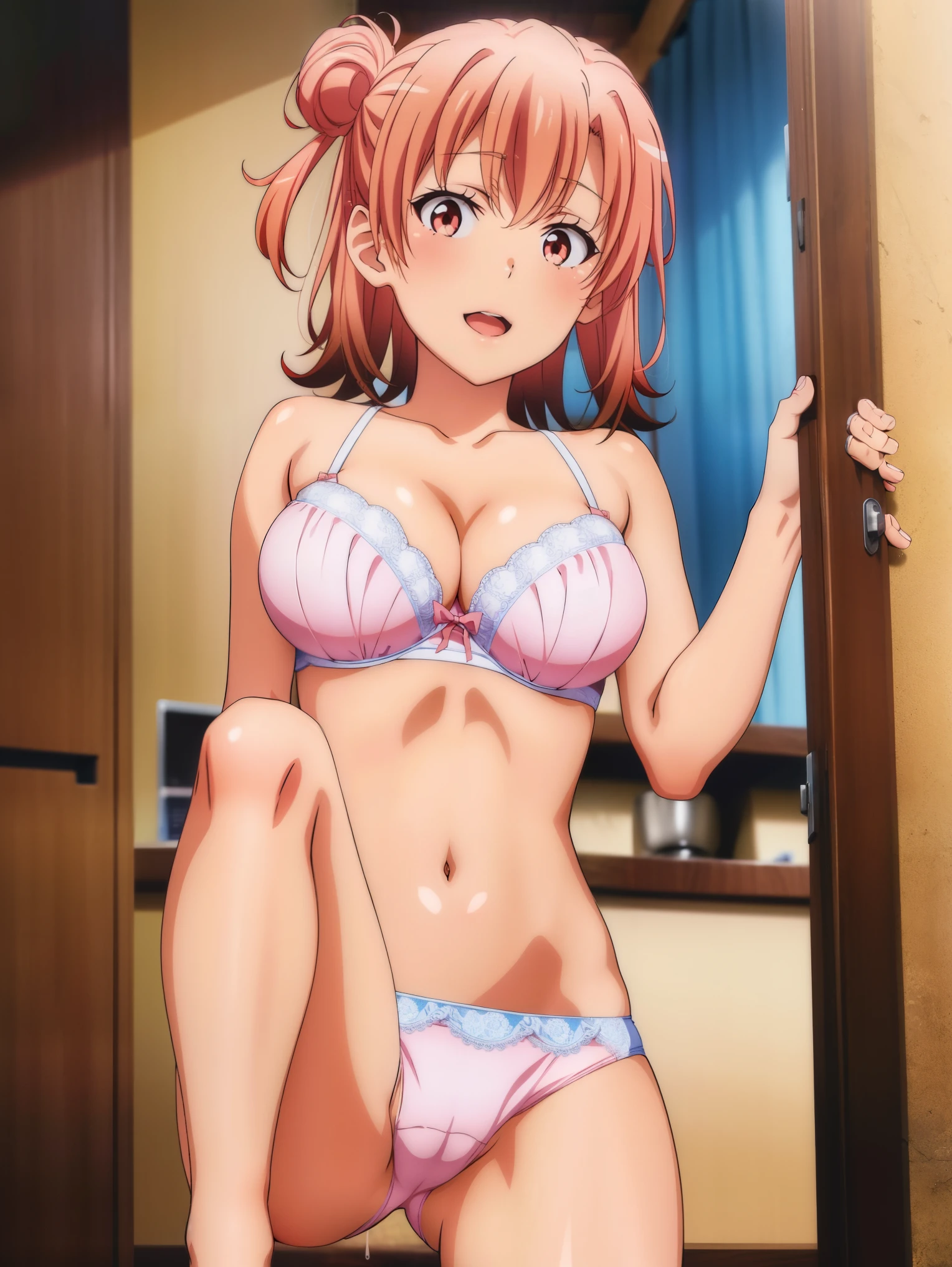 1 girl,Ocean(Yuigahama Yui),big breasts,,open mouth smile,,Are standing,long legs,calf,ankle,(Toe)(pussy cameltoe:1.0),(pink bra),(pink ruffle panties),