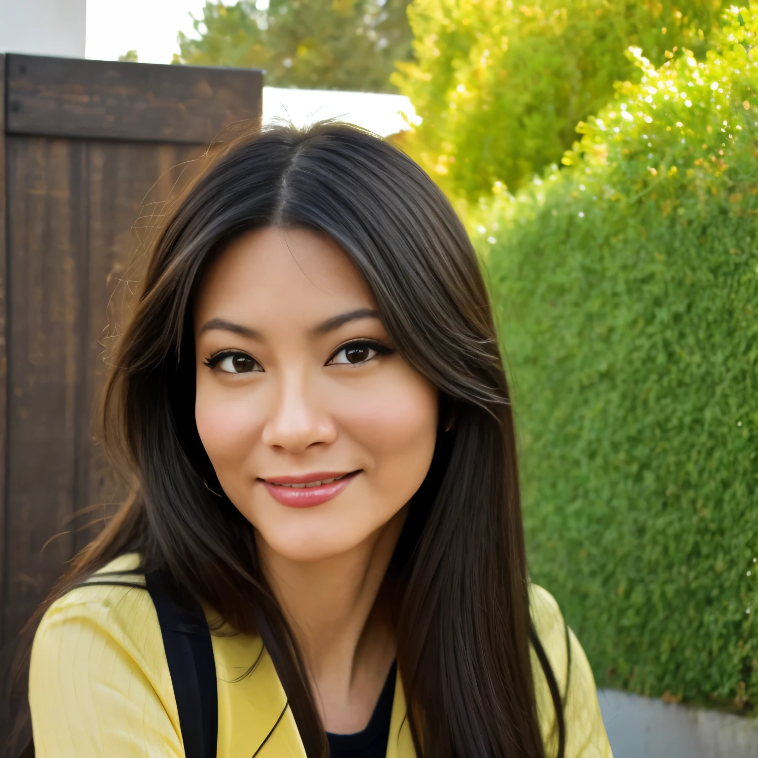 UHD High Resolution, headshot hyperrealistic photo, thin beautiful 44 year old beautiful Japanese female model with long thick black hair, pale skin, almond shaped eyes and a smile

