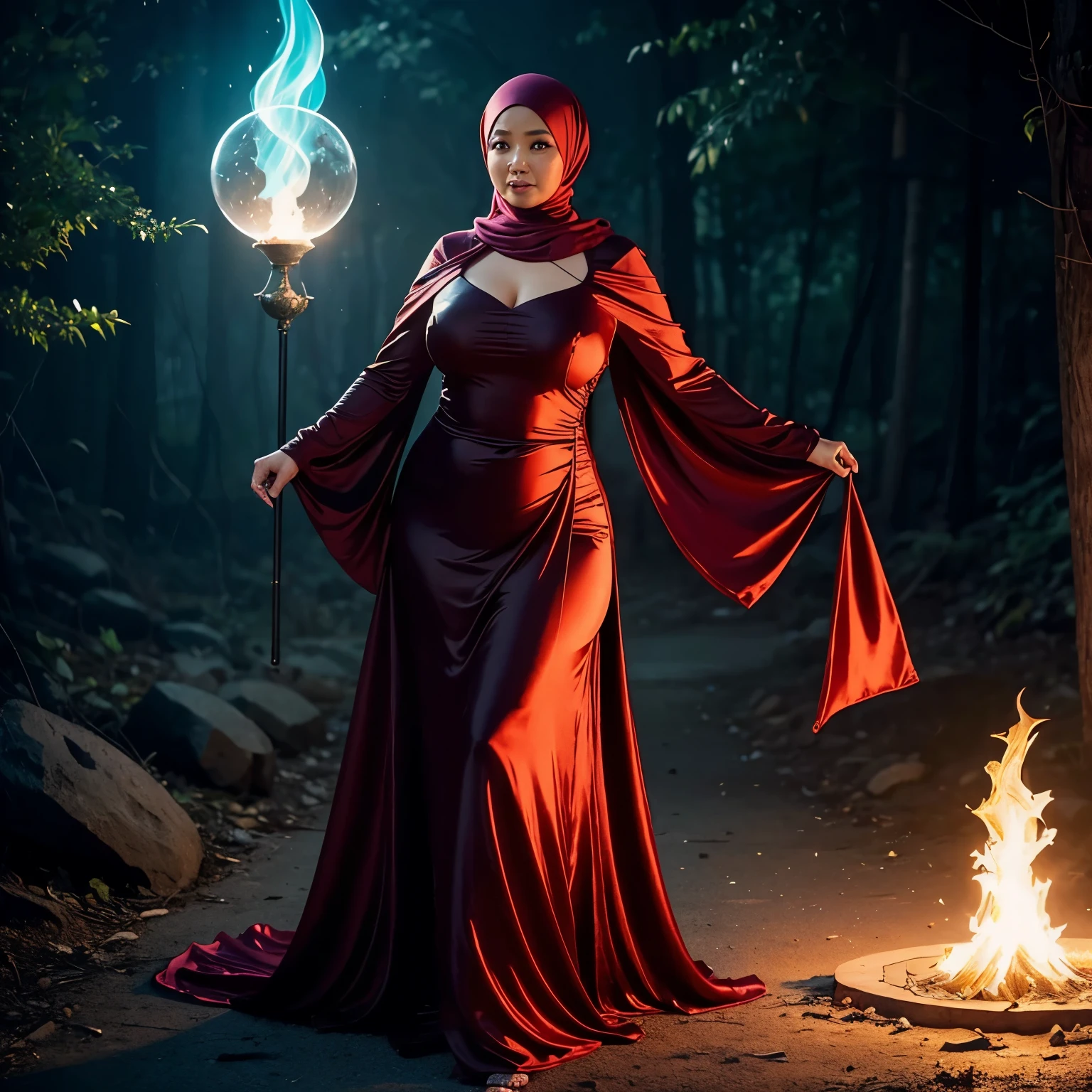 A (mature (age 40) curvaceous Malaysian woman, hijab no hair showing, silk magic gown), is a witch summoning a mythical monster into a magic circle