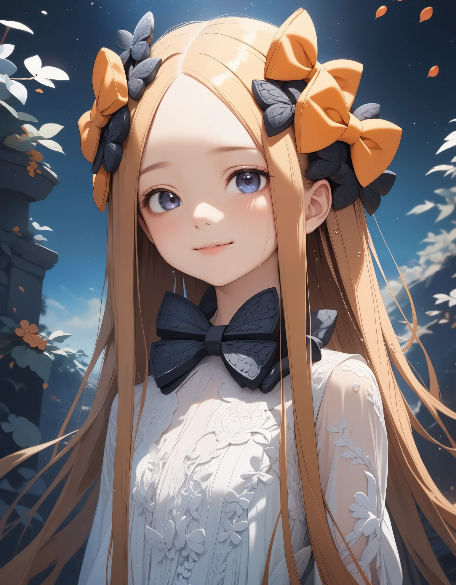 1girl, abigail williams \(fate\), upper body, smile, looking at viewer, (masterpiece), (best quality), (ultra-detailed), very aesthetic, illustration, perfect composition, moist skin, intricate details, mysterious, fantasy,