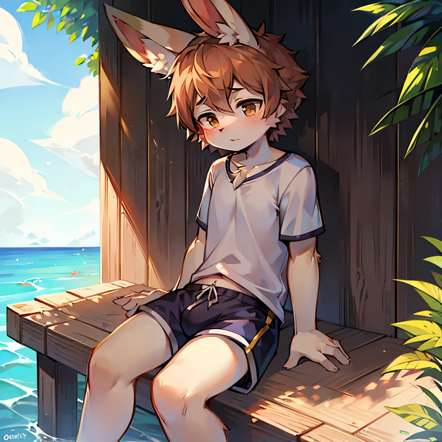 Bright outside，bunny boy，bunny ears，male focus，furry men，Characteristics of a -year-boy，Ometer and five heights，Short sleeves in summer，shorts，sitting position